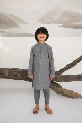 Light Grey Cotton Embroidered Kurta Trouser - Kids