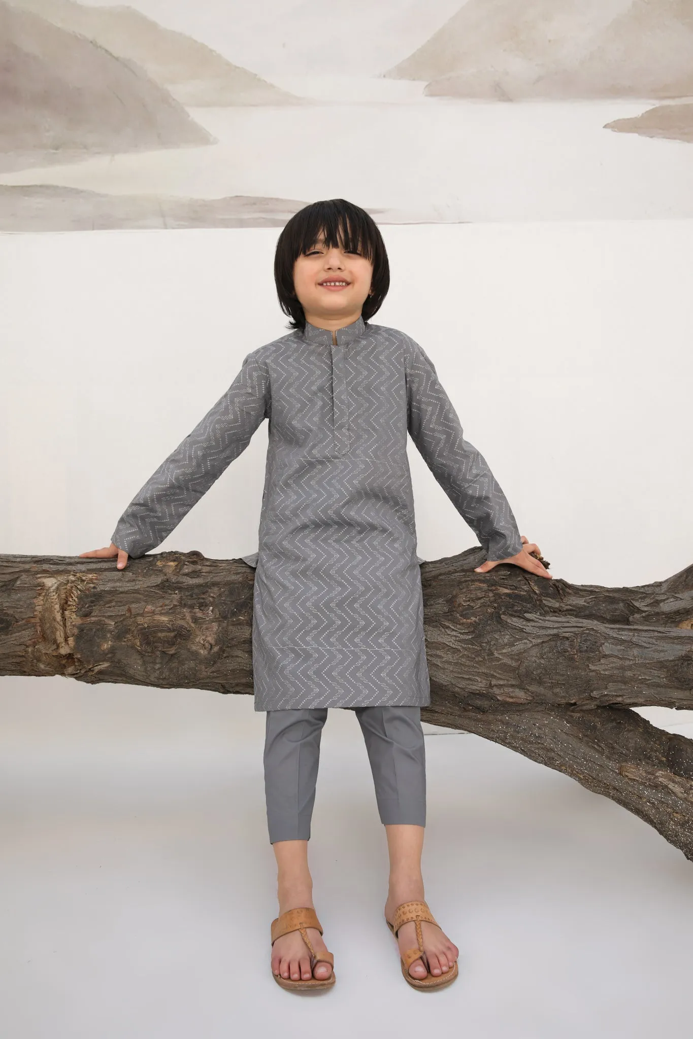 Light Grey Cotton Embroidered Kurta Trouser - Kids