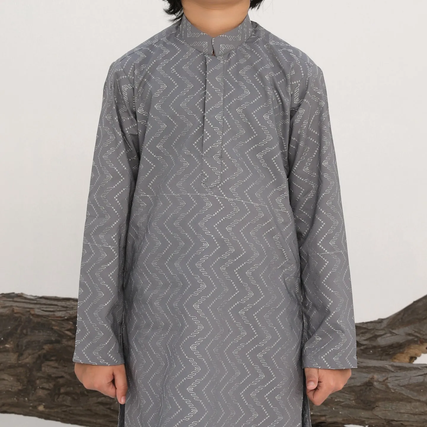 Light Grey Cotton Embroidered Kurta Trouser - Kids