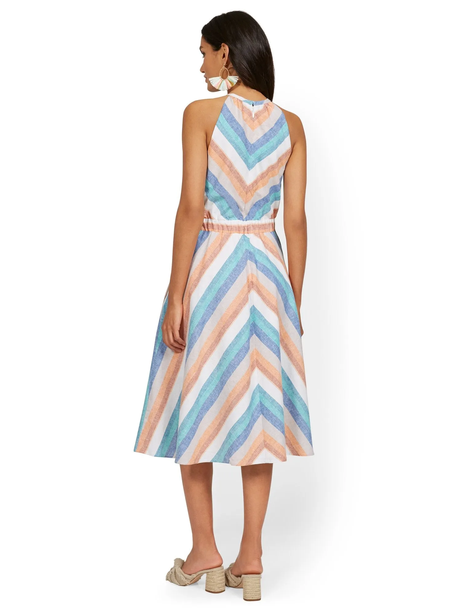 Linen-Blend Multi-Stripe High Halter Midi Dress