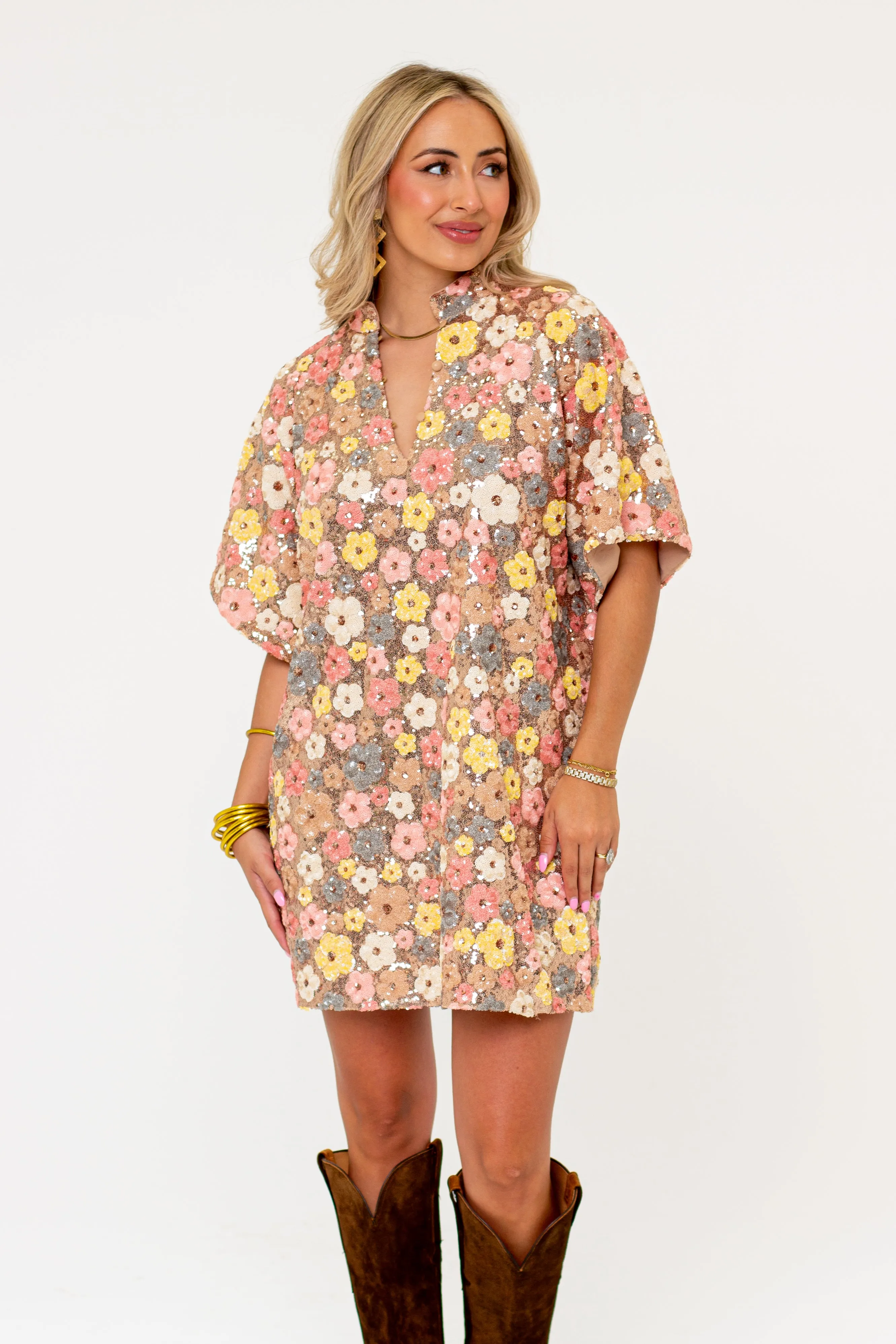 Lulu Short Sleeve Mini Caftan - Disco Flower