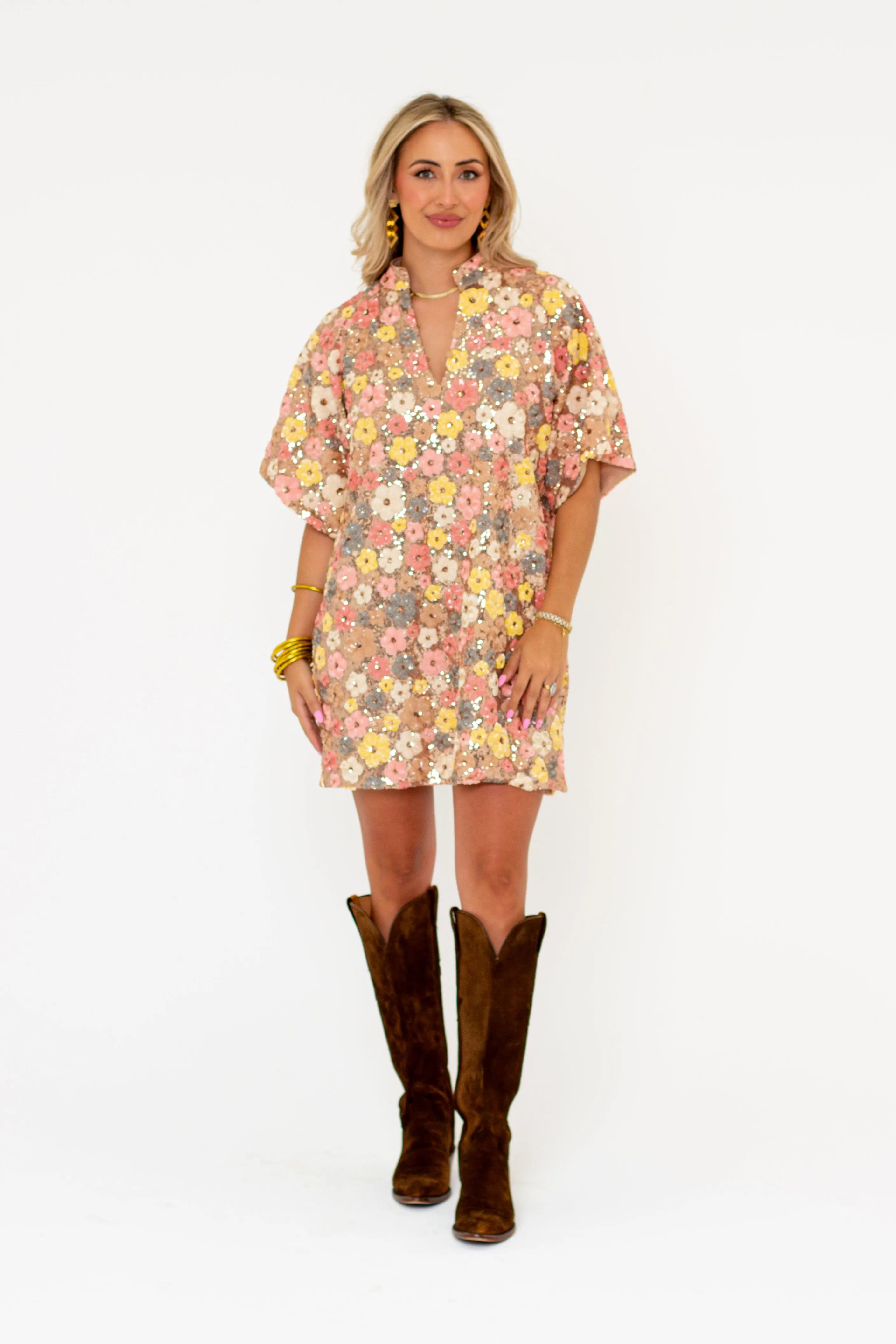 Lulu Short Sleeve Mini Caftan - Disco Flower