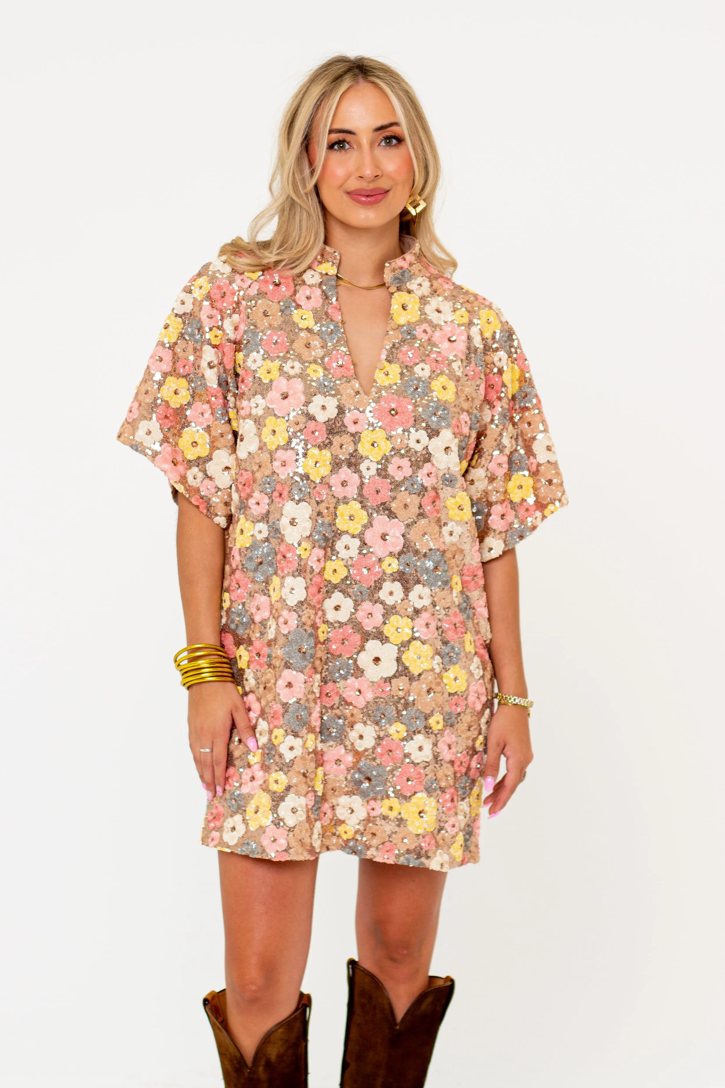 Lulu Short Sleeve Mini Caftan - Disco Flower