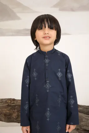 Navy Blue Cotton Embroidered Kurta Trouser - Kids