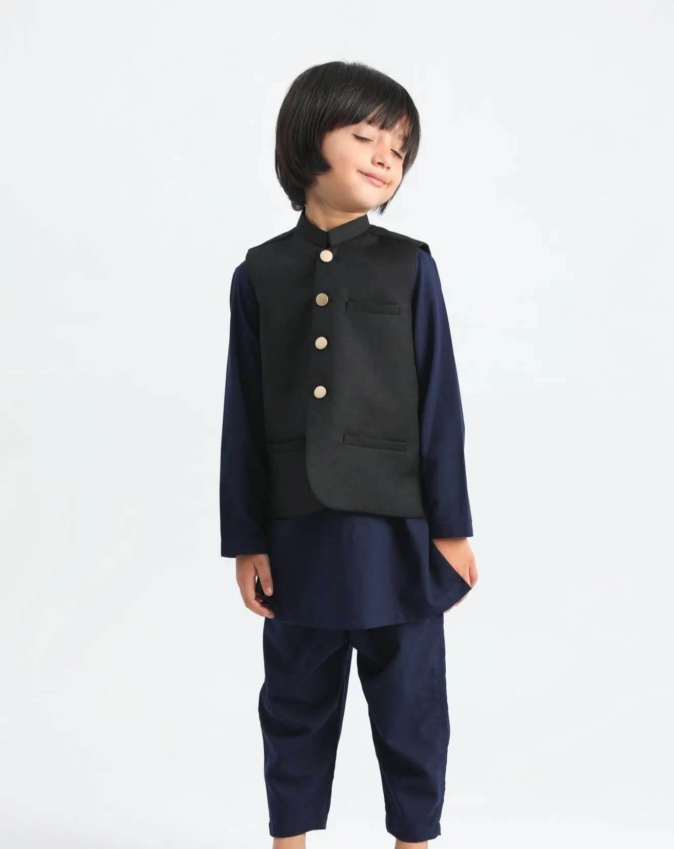 Navy Blue Kurta Trouser with Black Suiting Waistcoat - Kids