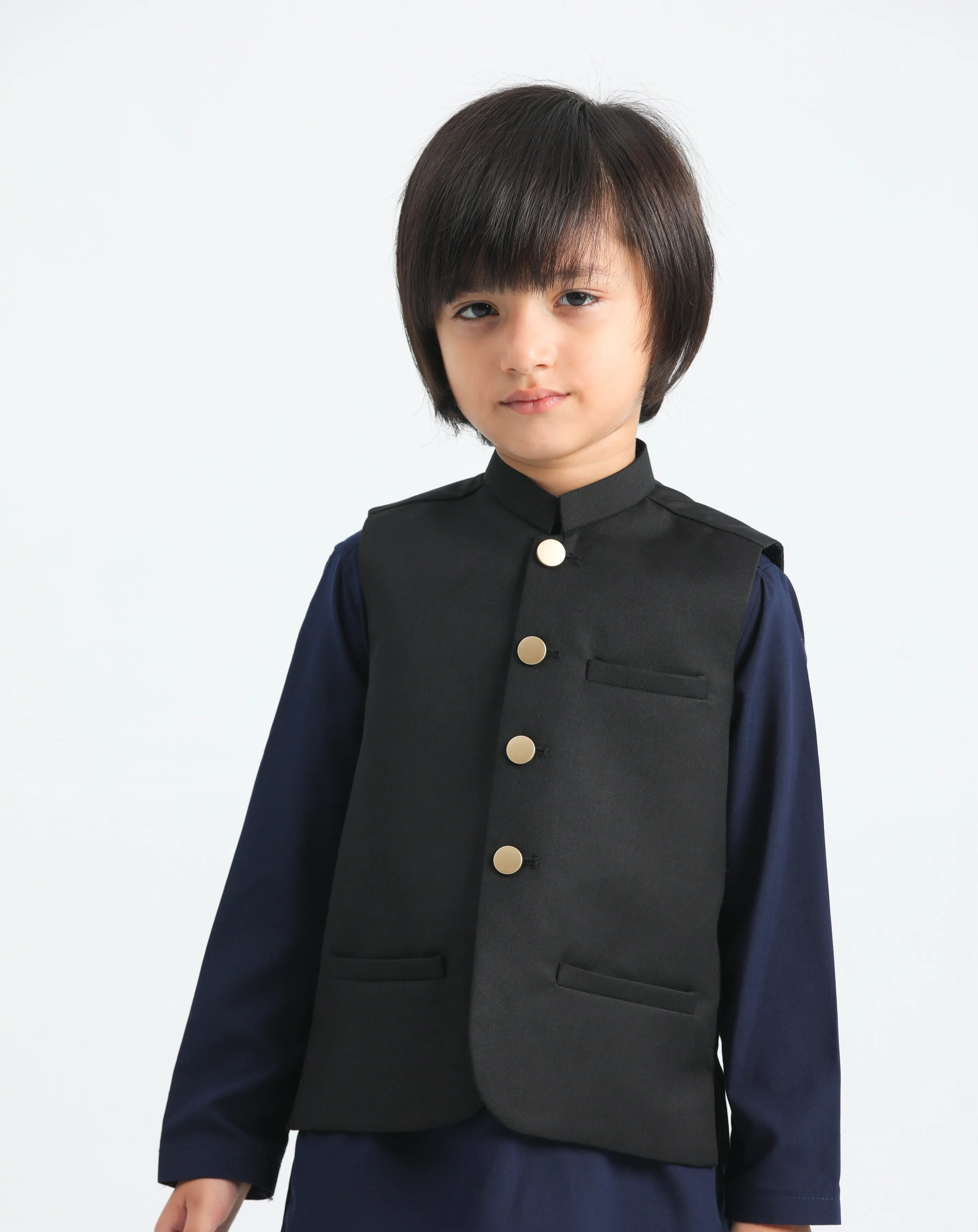 Navy Blue Kurta Trouser with Black Suiting Waistcoat - Kids