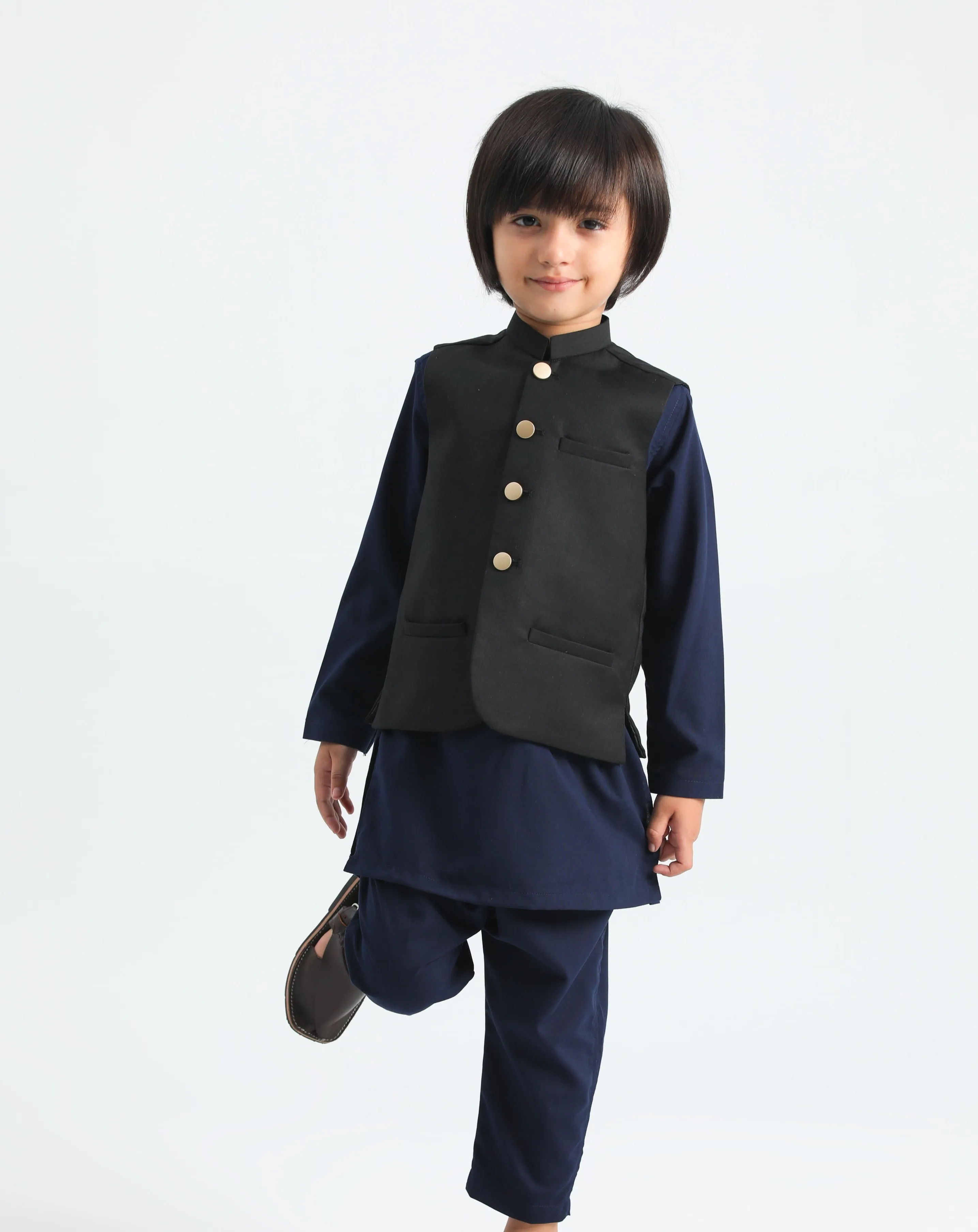 Navy Blue Kurta Trouser with Black Suiting Waistcoat - Kids