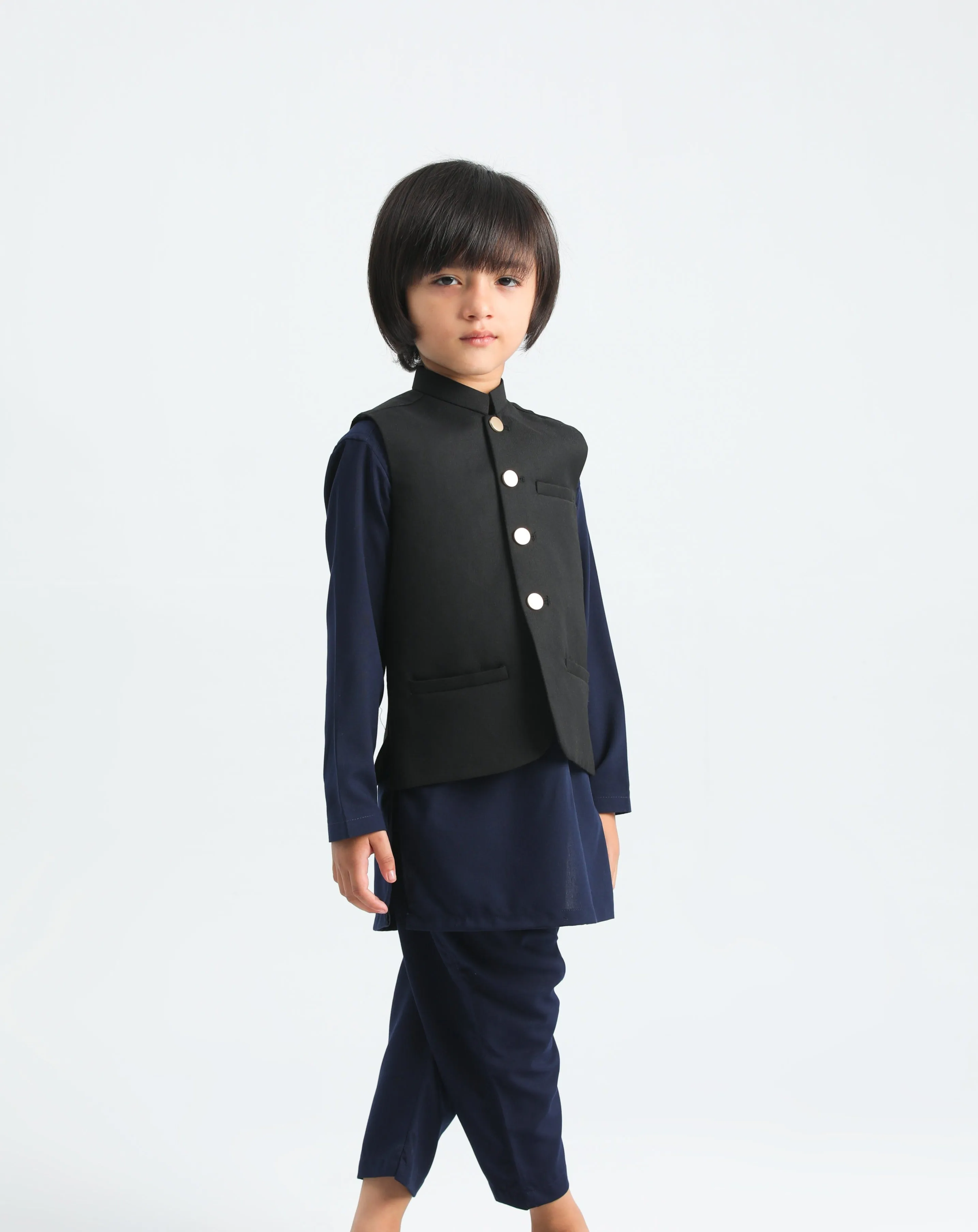 Navy Blue Kurta Trouser with Black Suiting Waistcoat - Kids