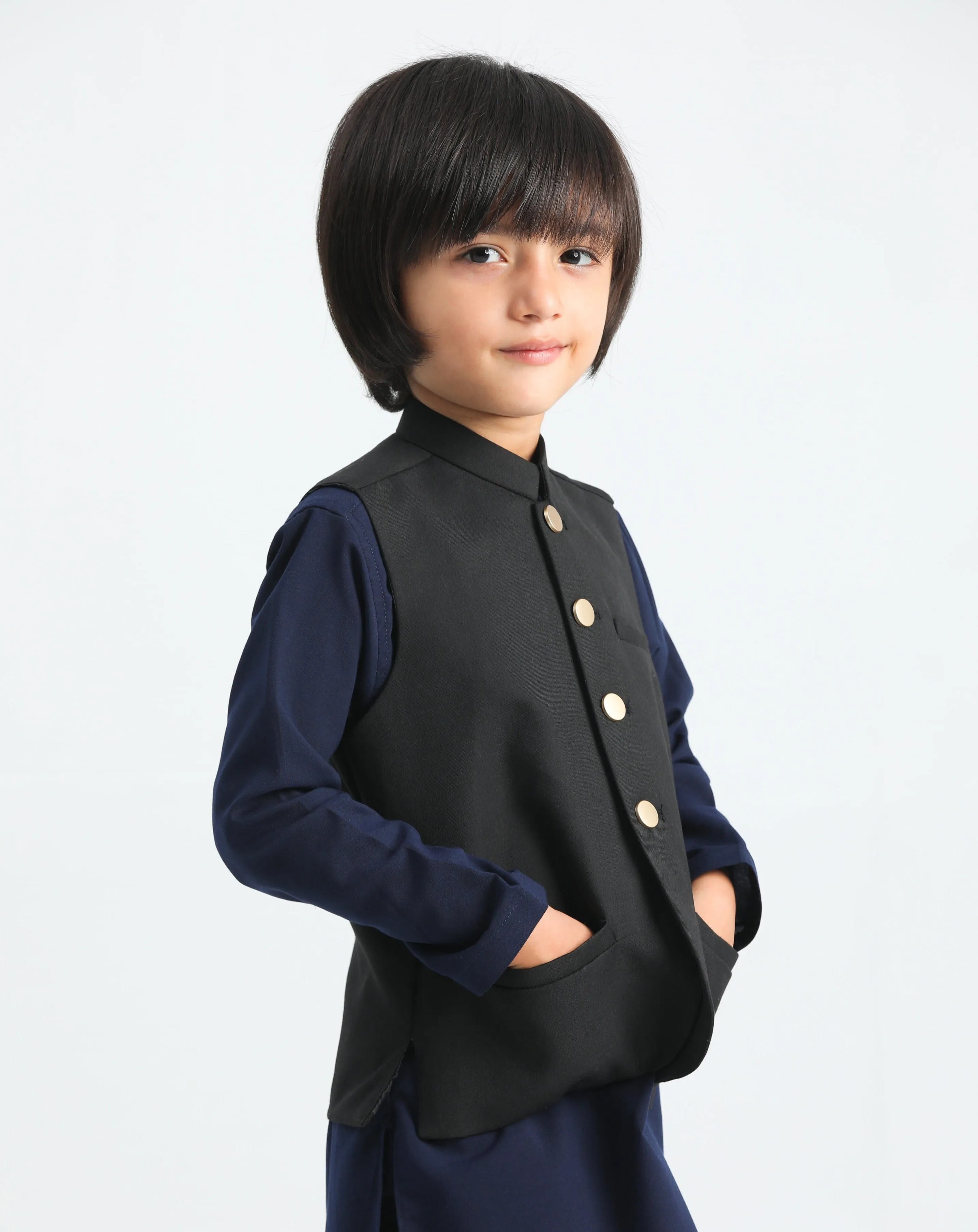 Navy Blue Kurta Trouser with Black Suiting Waistcoat - Kids