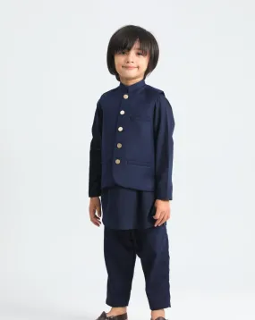 Navy Blue Kurta Trouser with Suiting Waistcoat - Kids