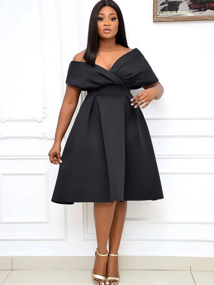 Off Shoulder Ruched Swing Midi Dresses