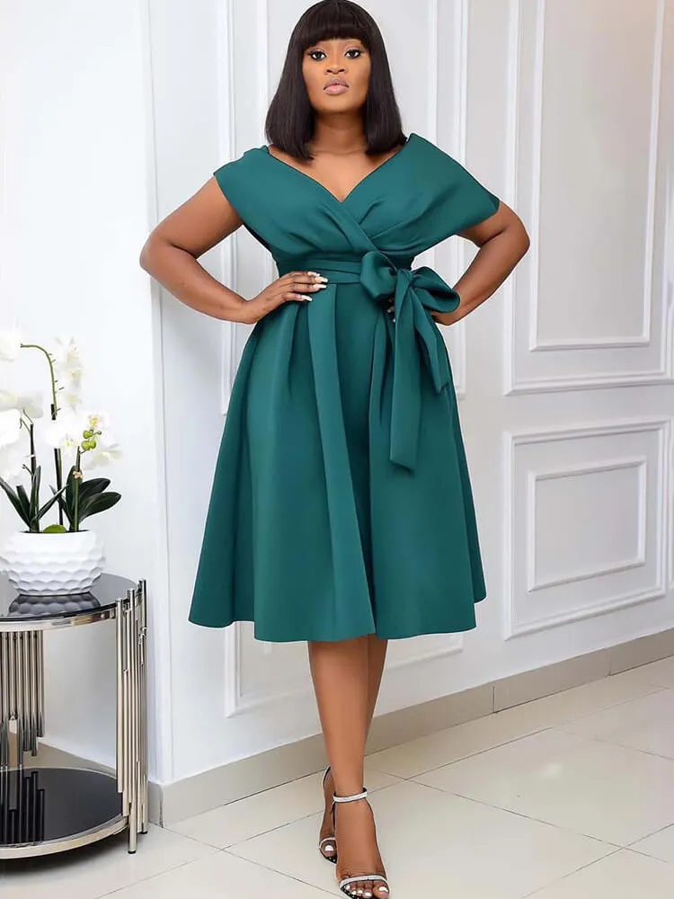 Off Shoulder Ruched Swing Midi Dresses