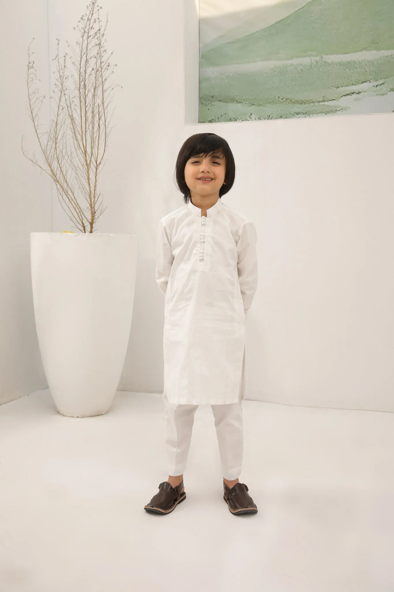 Off White Cotton Embroidered Kurta Trouser - Kids