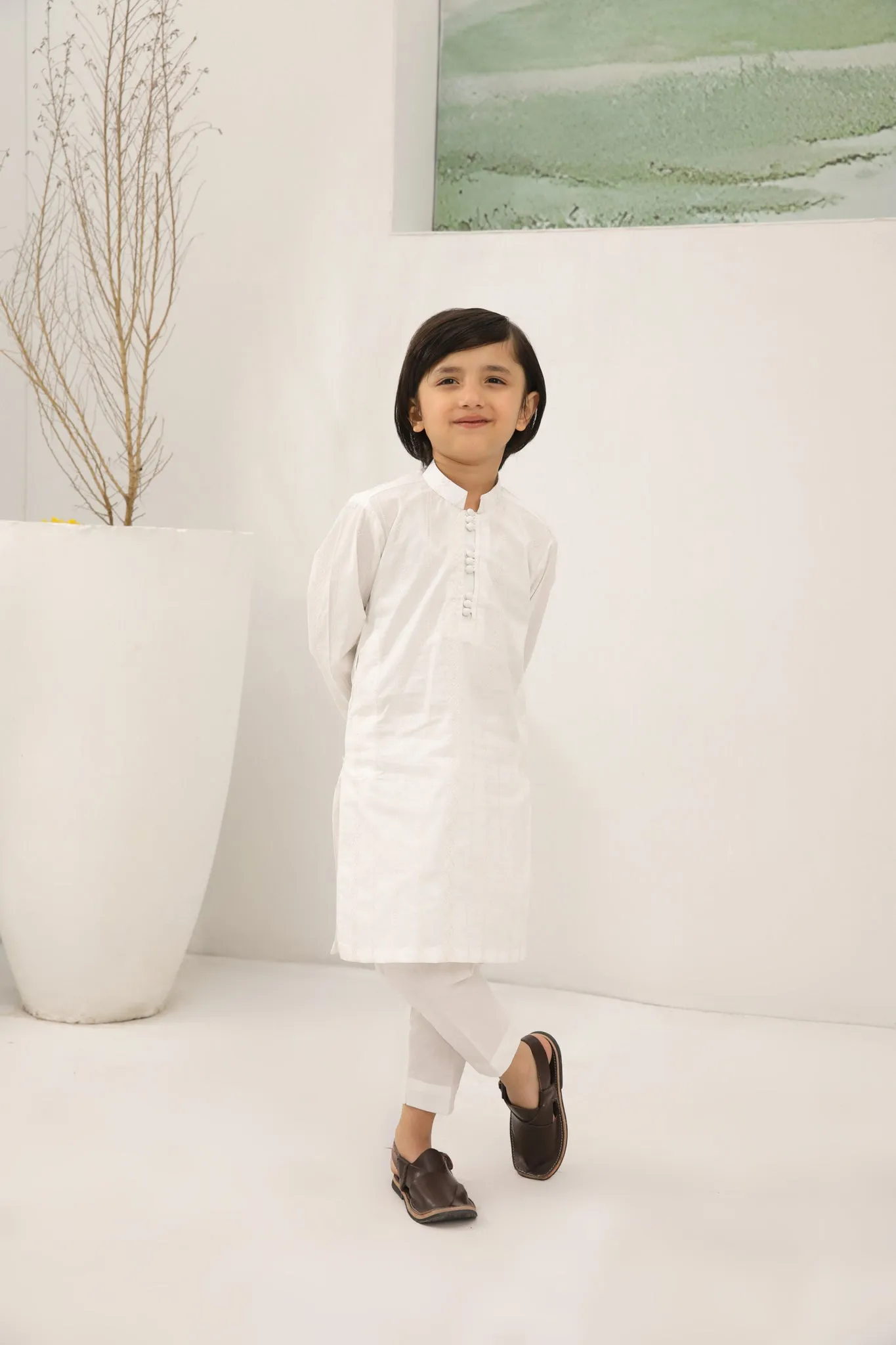 Off White Cotton Embroidered Kurta Trouser - Kids