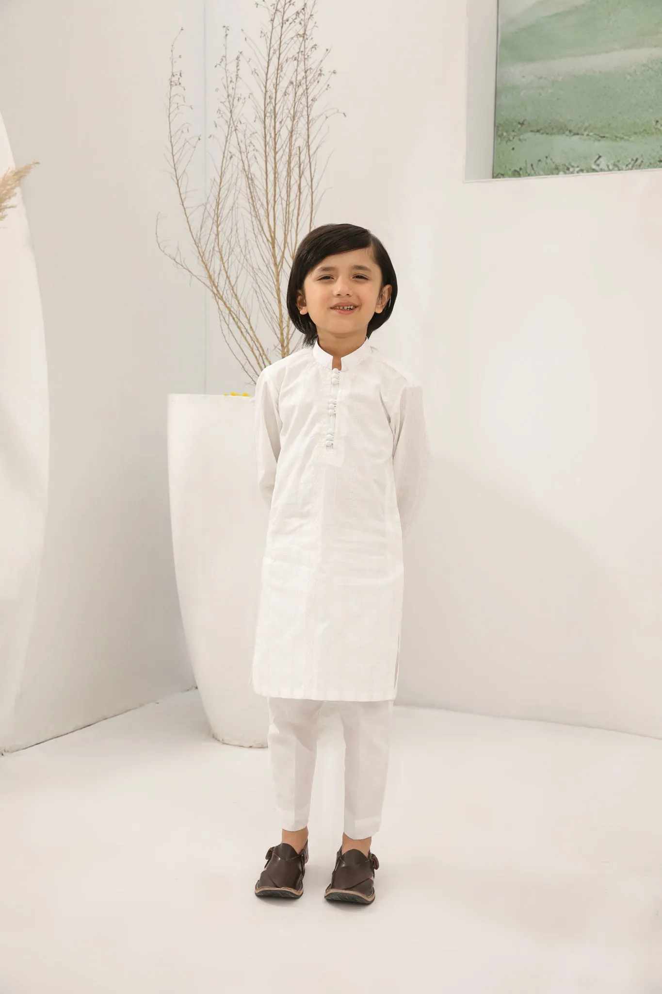 Off White Cotton Embroidered Kurta Trouser - Kids