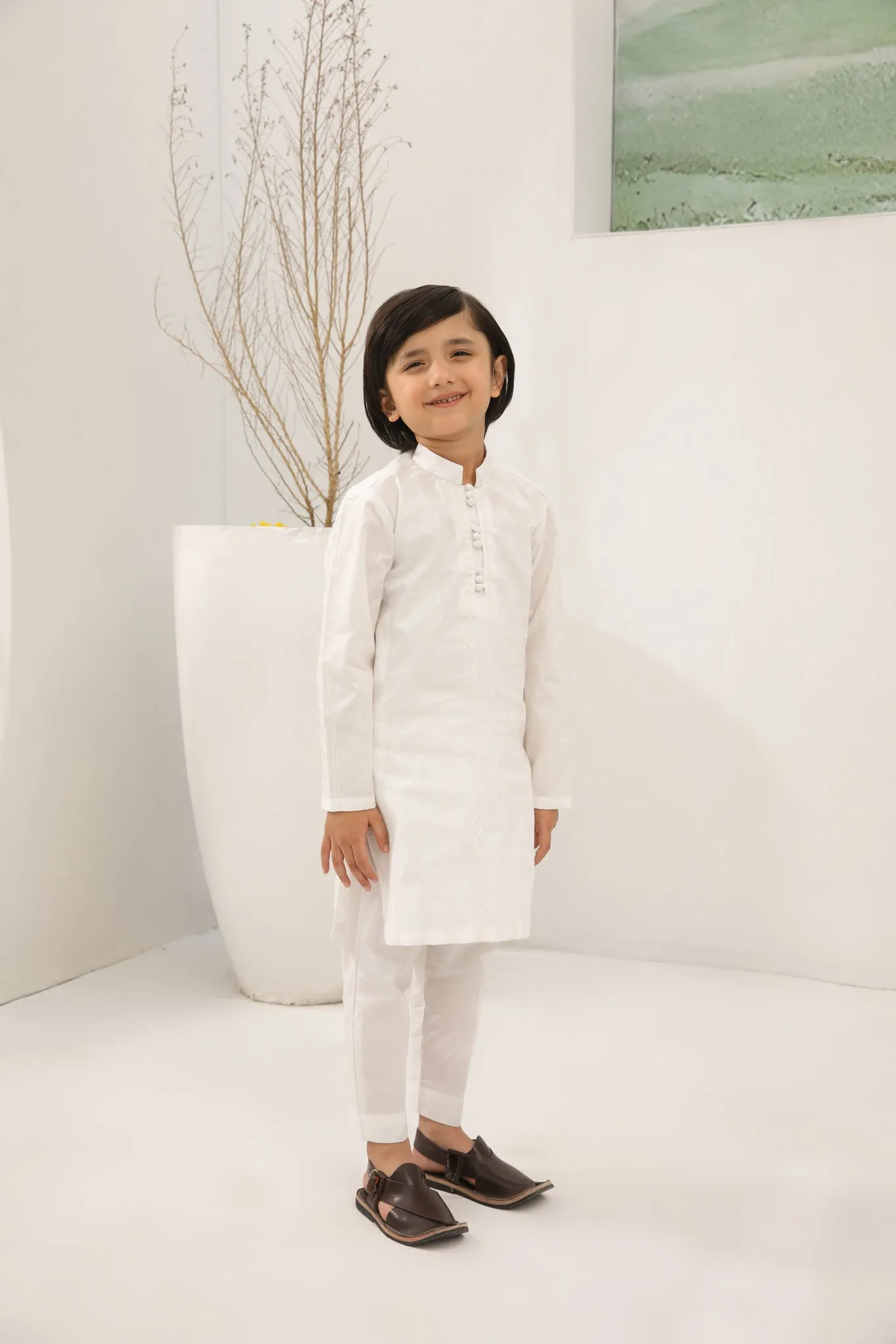 Off White Cotton Embroidered Kurta Trouser - Kids