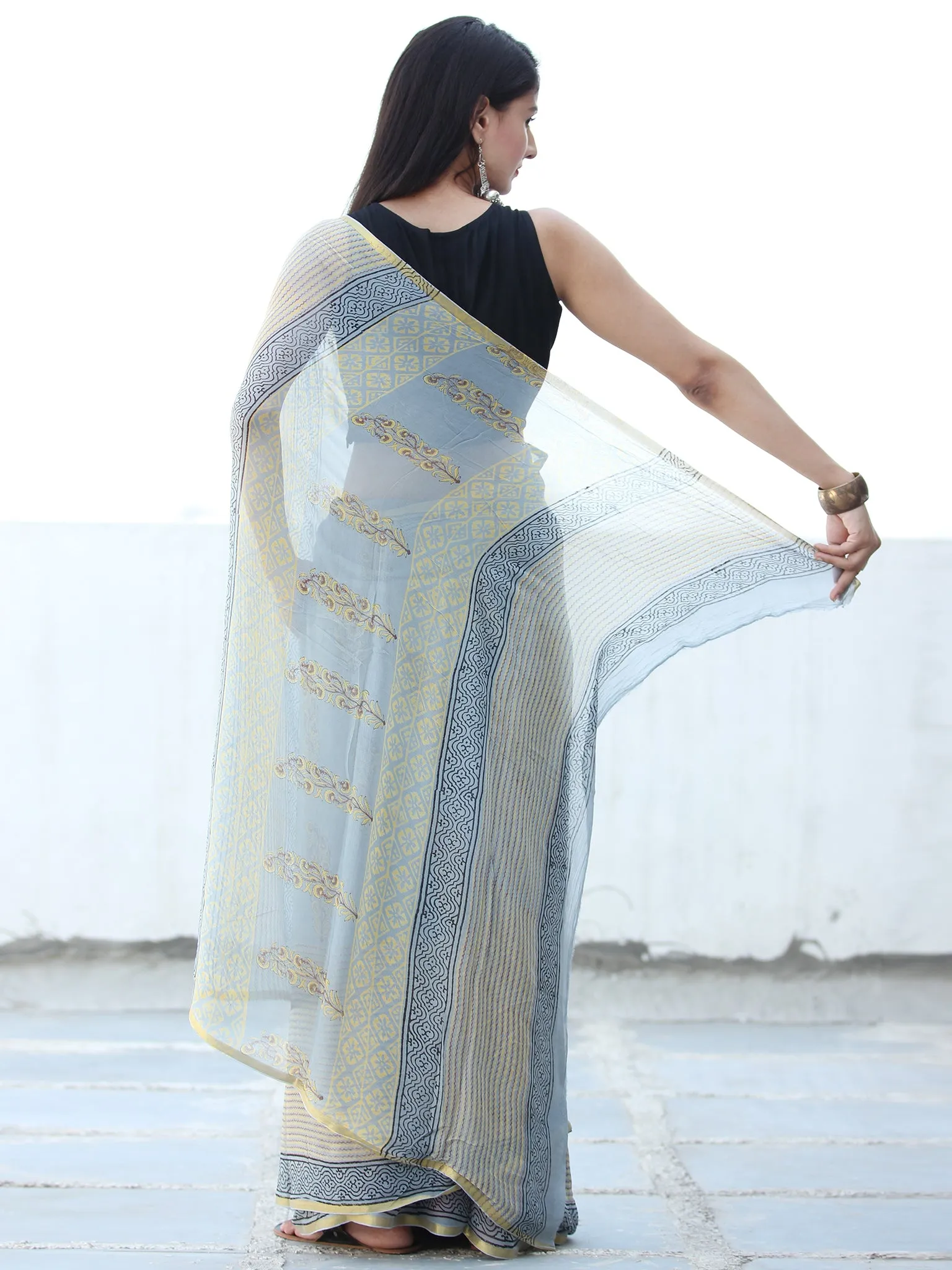 Pastel Blue Ivory Hand Block Printed Chiffon Saree with Zari Border - S031703932