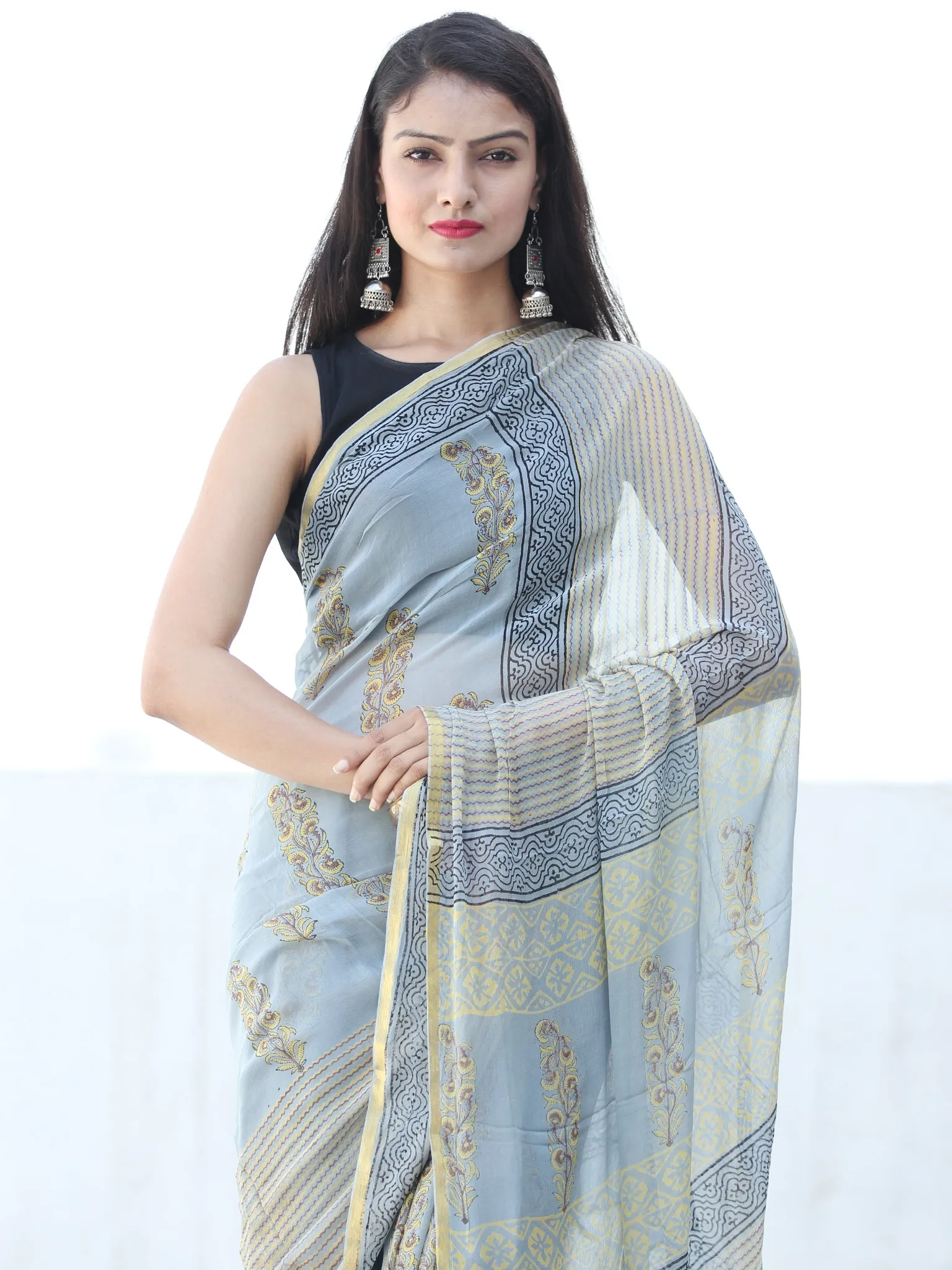 Pastel Blue Ivory Hand Block Printed Chiffon Saree with Zari Border - S031703932