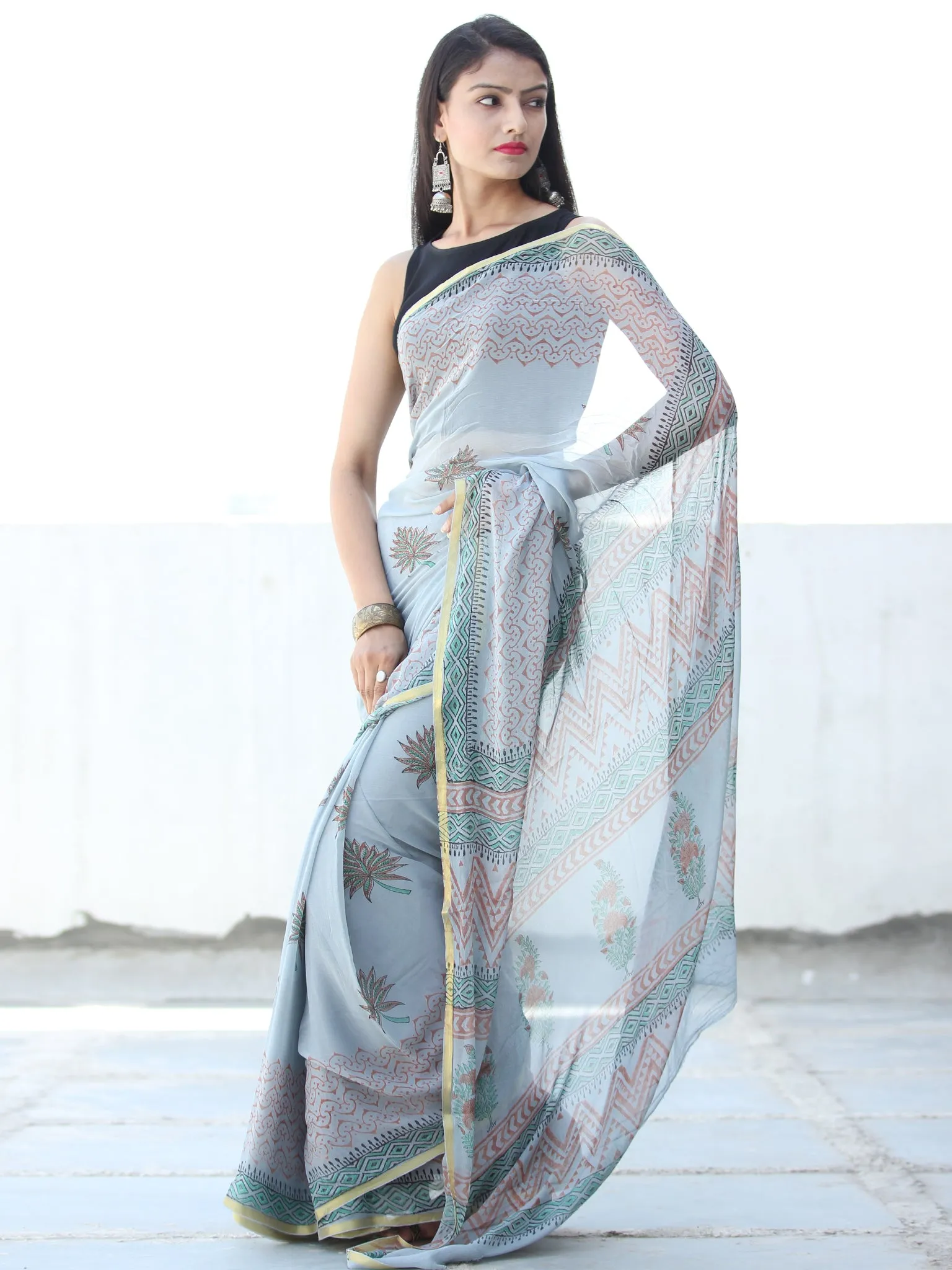 Pastel Blue Rust Hand Block Printed Chiffon Saree with Zari Border - S031703926