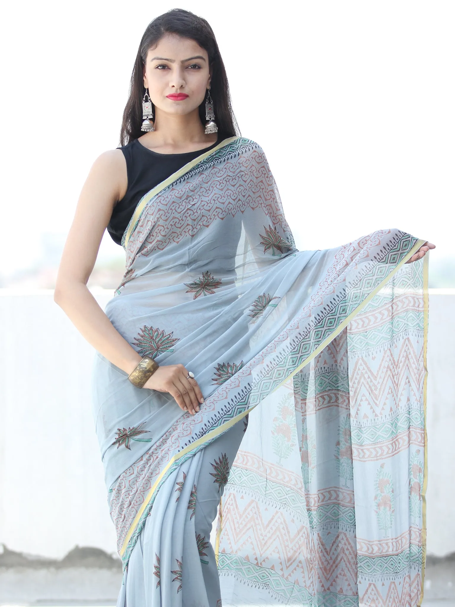 Pastel Blue Rust Hand Block Printed Chiffon Saree with Zari Border - S031703926