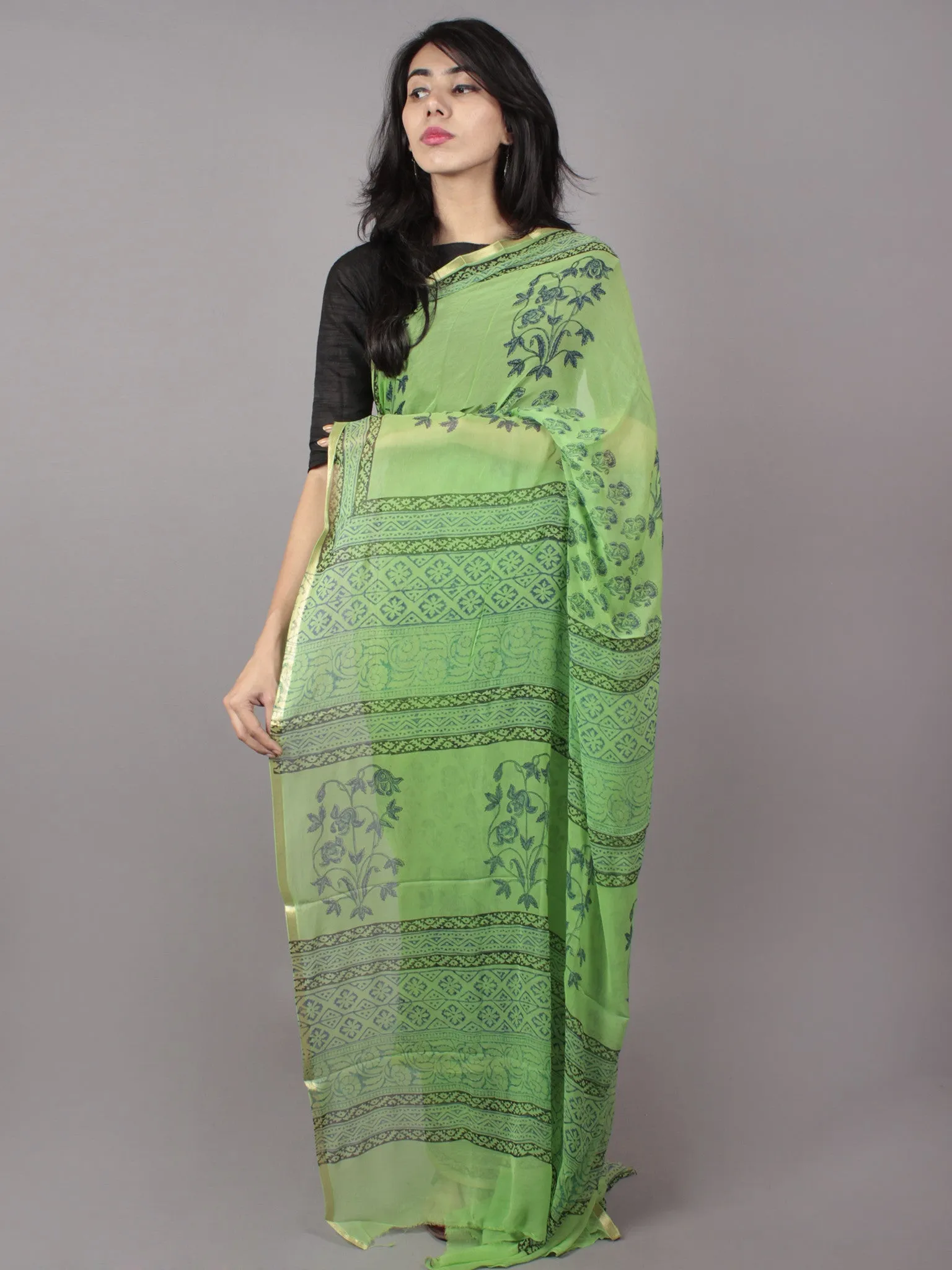 Pastel Green Blue Grey Hand Block Printed Chiffon Saree - S031701688