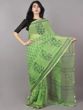 Pastel Green Blue Grey Hand Block Printed Chiffon Saree - S031701688