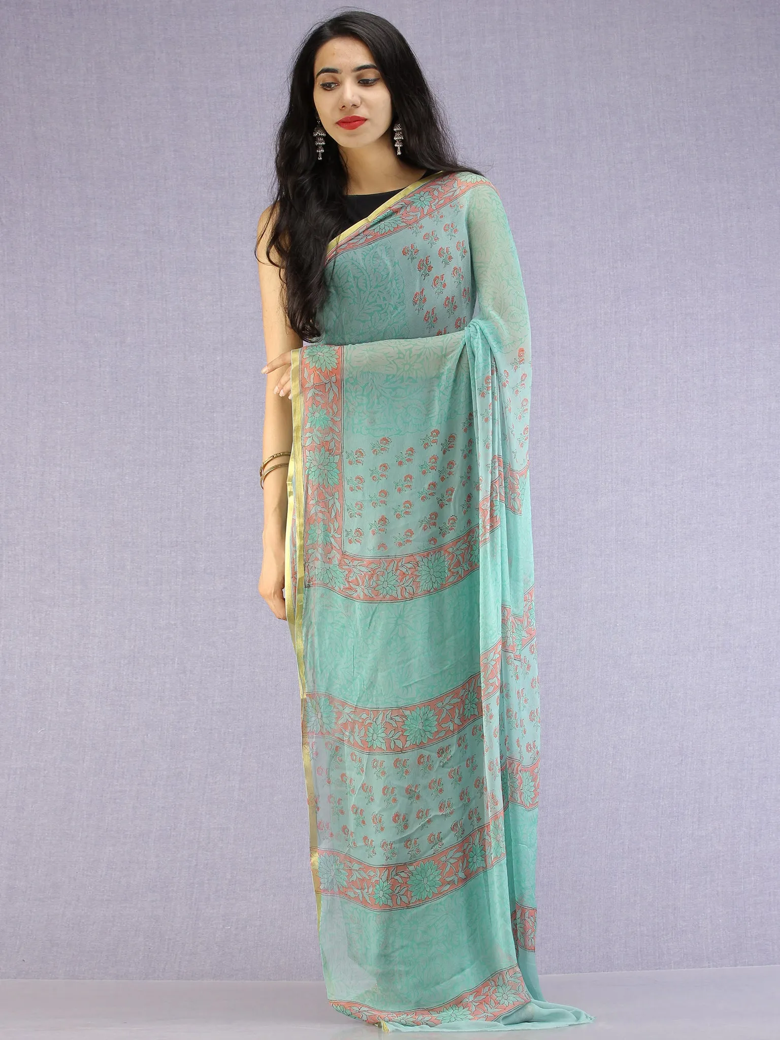 Pastel Green Coral Hand Block Printed Chiffon Saree with Zari Border - S031704615