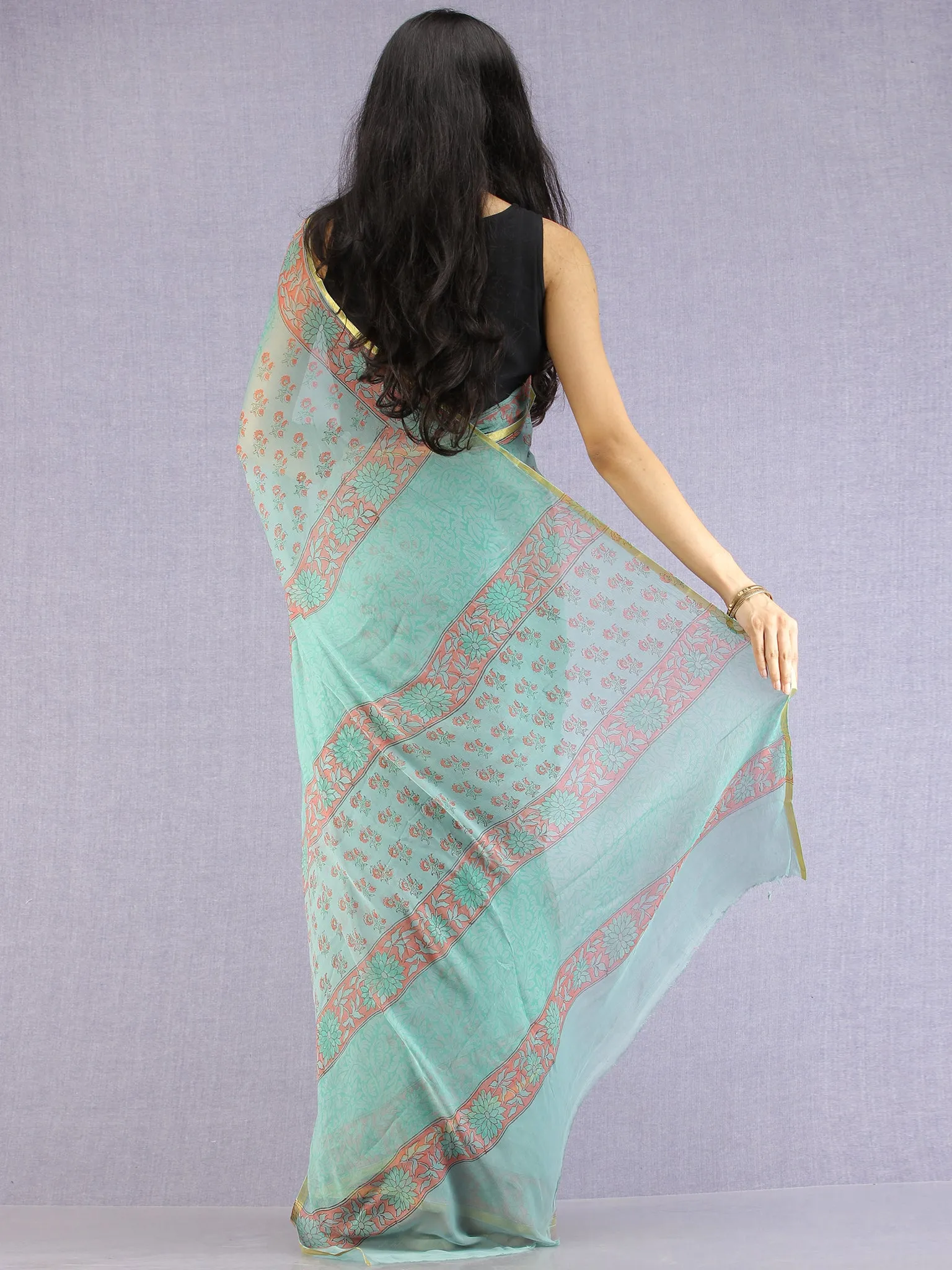 Pastel Green Coral Hand Block Printed Chiffon Saree with Zari Border - S031704615