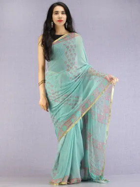 Pastel Green Coral Hand Block Printed Chiffon Saree with Zari Border - S031704615