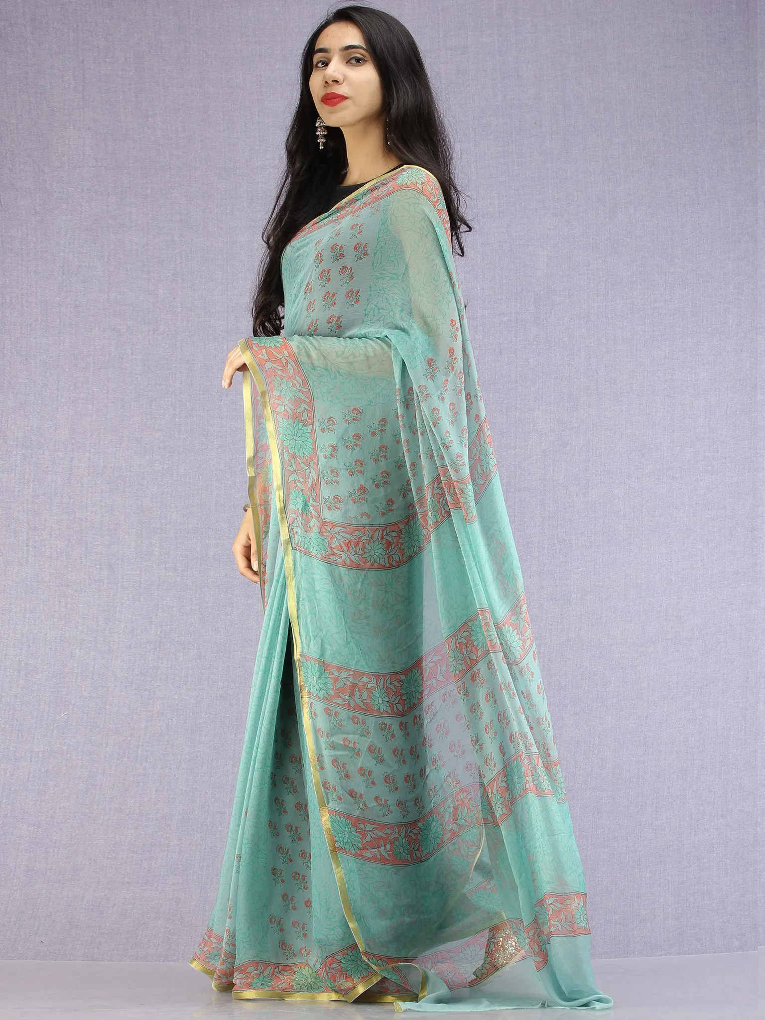 Pastel Green Coral Hand Block Printed Chiffon Saree with Zari Border - S031704615