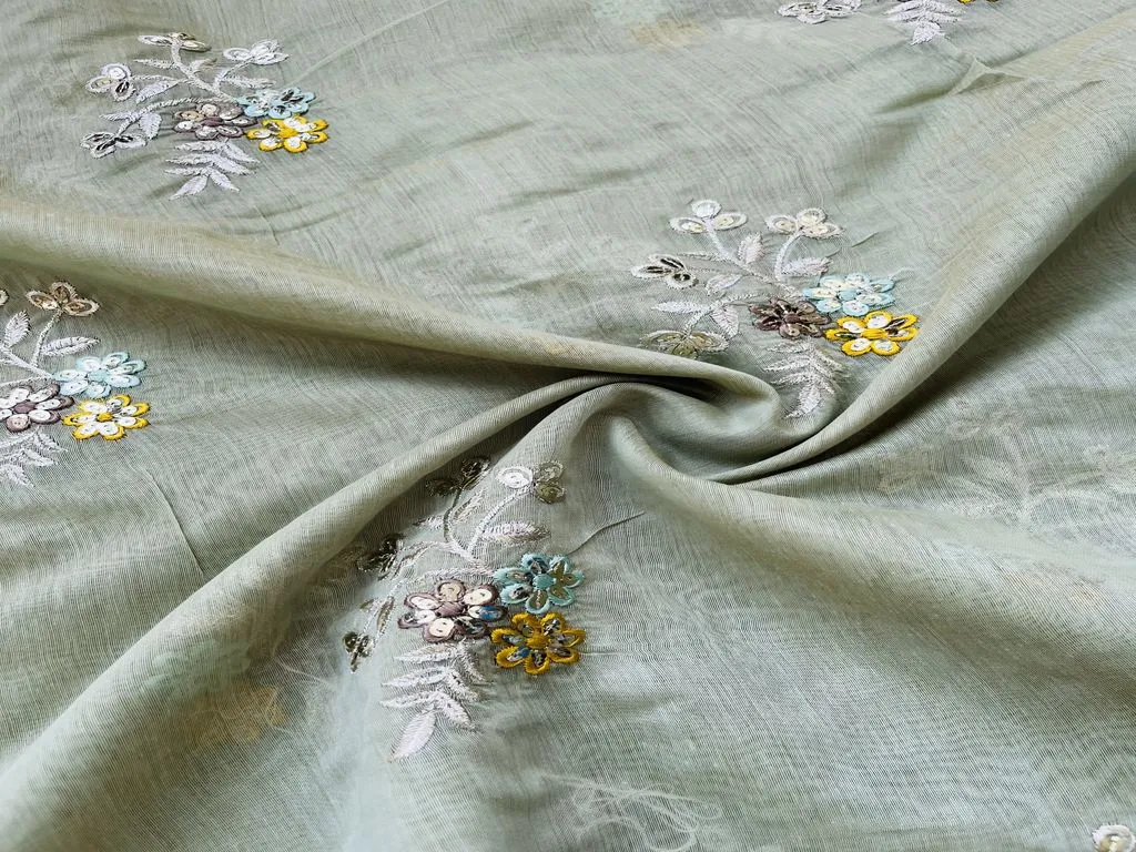 Pastel Green Floral Sequins Embroidered Chanderi Fabric