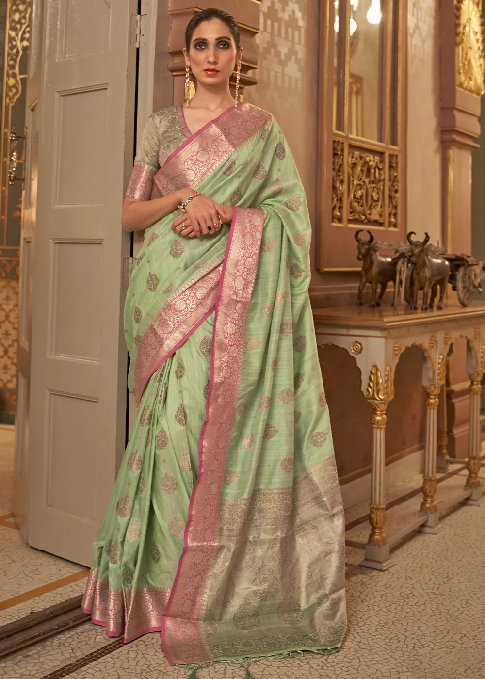 Pastel Green Zari Butta Woven Tussar Silk Saree