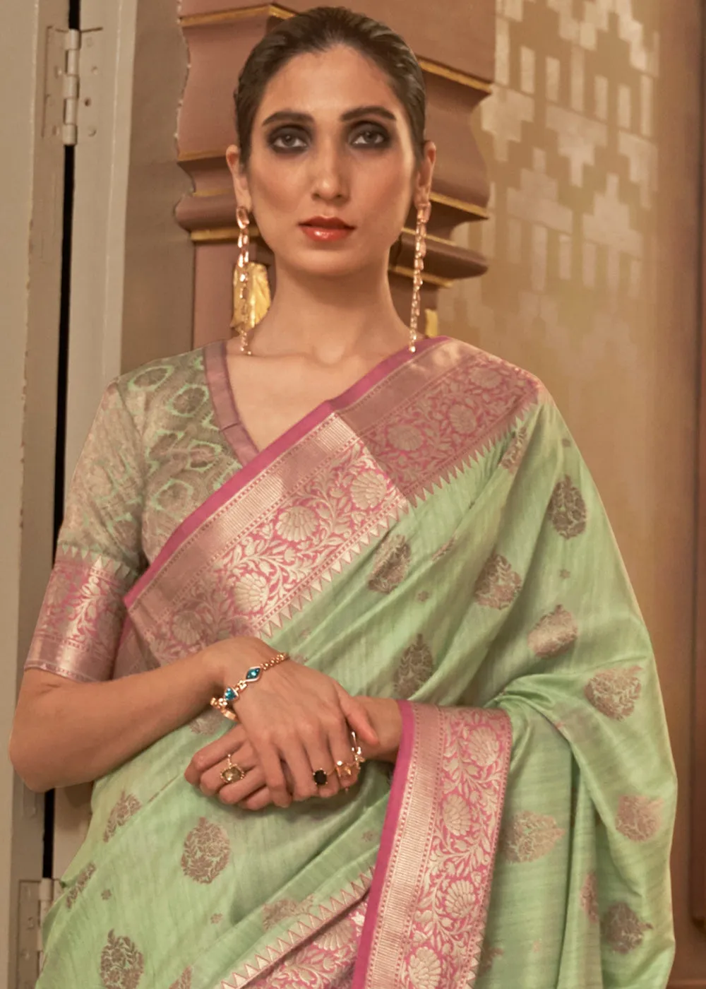 Pastel Green Zari Butta Woven Tussar Silk Saree