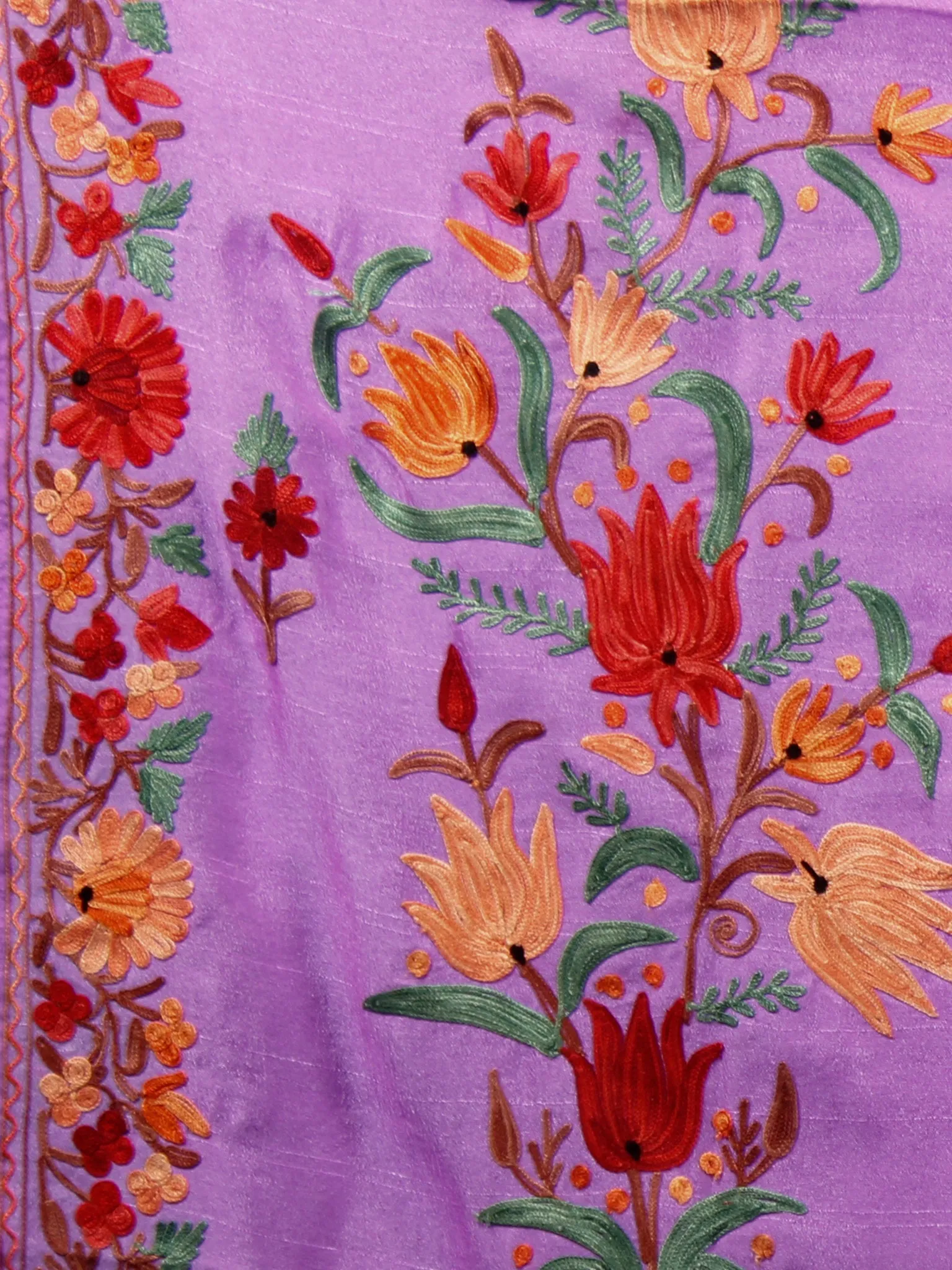 Pastel Lavender Red Green Aari Embroidered Bhagalpuri Silk Saree From Kashmir  - S031703052