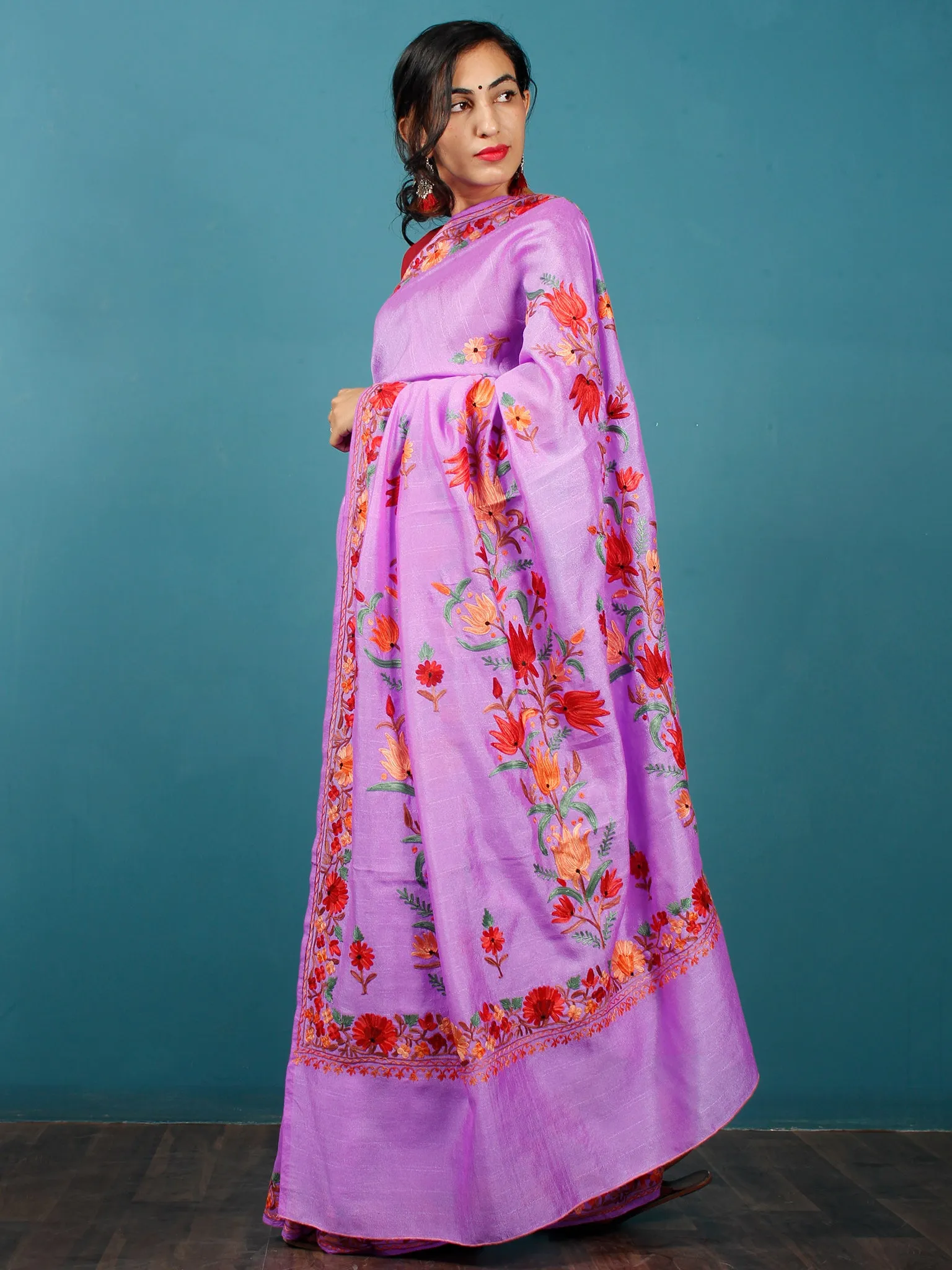 Pastel Lavender Red Green Aari Embroidered Bhagalpuri Silk Saree From Kashmir  - S031703052