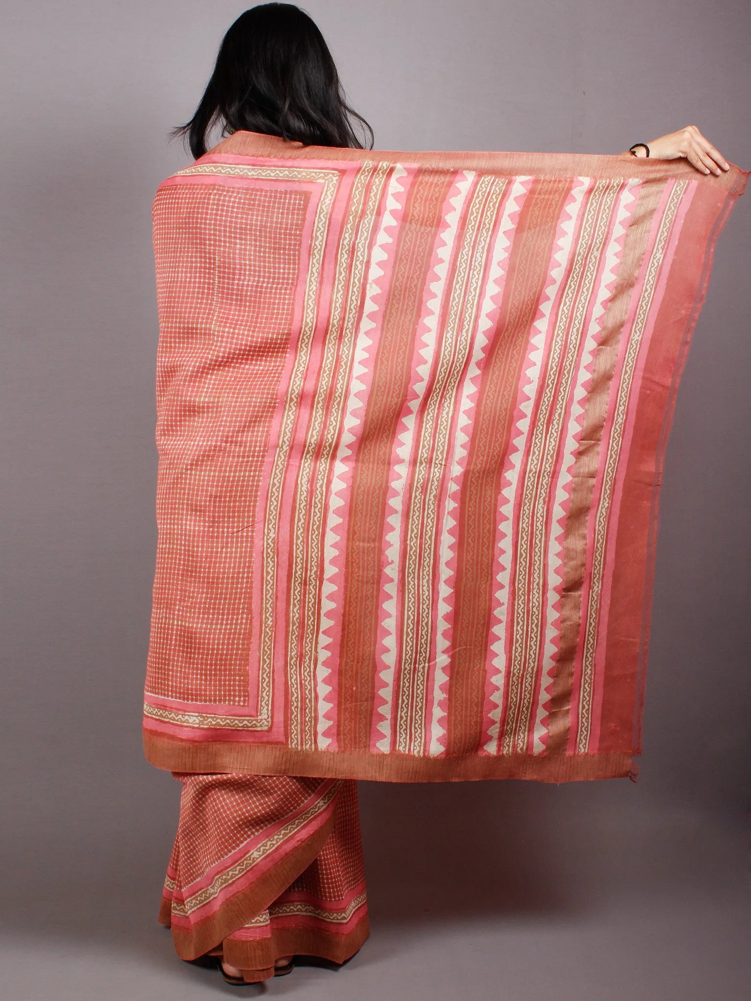 Pastel Peach Beige Hand Block Printed in Natural Vegetable Colors Chanderi Saree With Geecha Border - S03170494