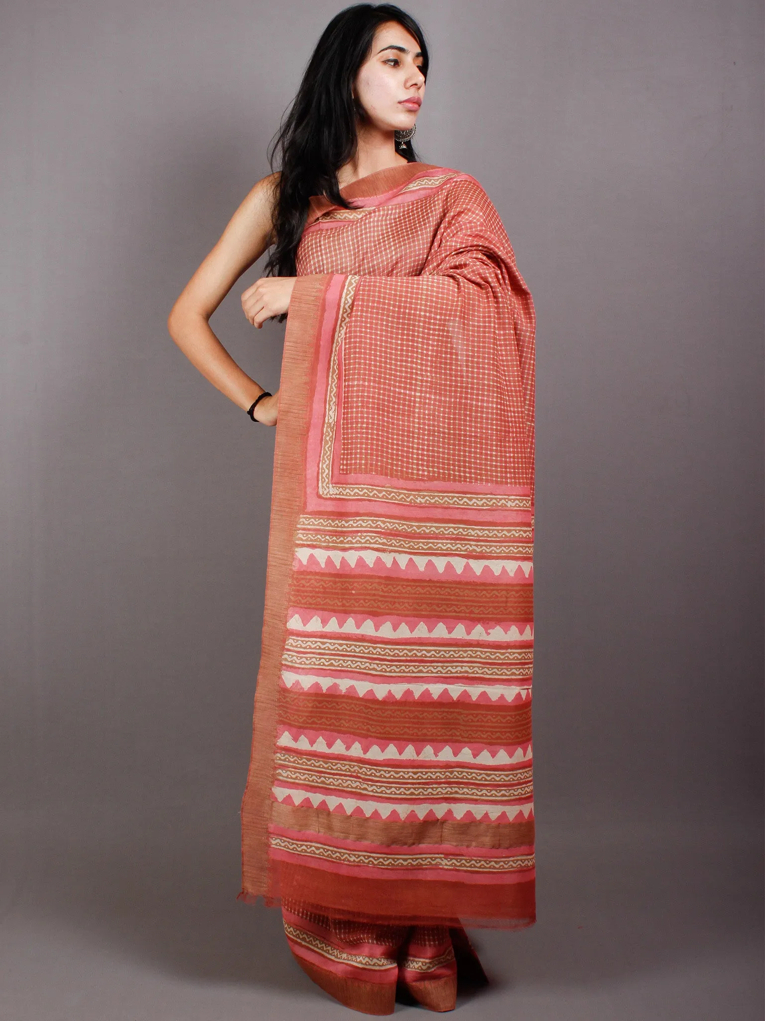 Pastel Peach Beige Hand Block Printed in Natural Vegetable Colors Chanderi Saree With Geecha Border - S03170494