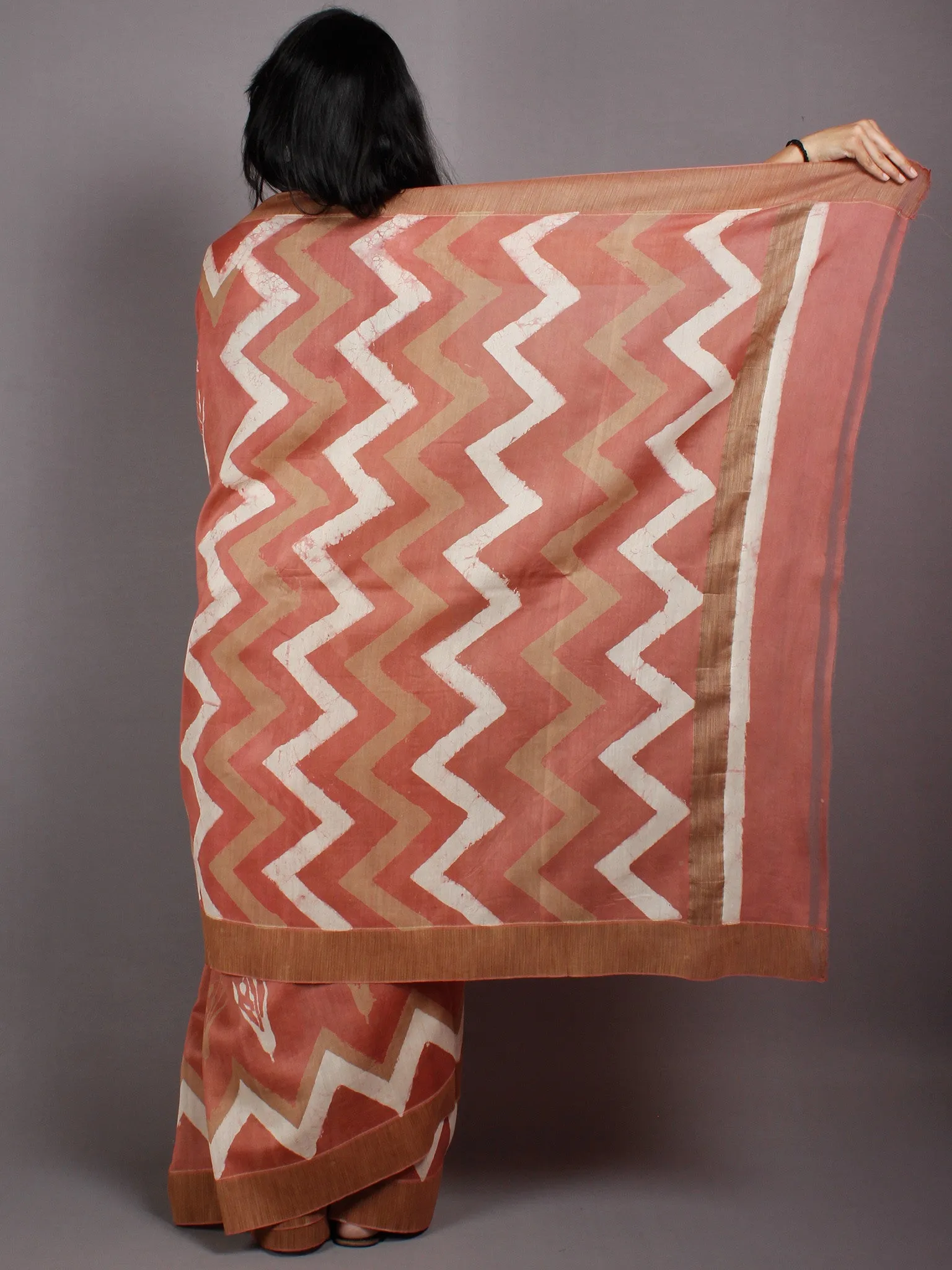 Pastel Peach Beige White Hand Block Printed in Natural Vegetable Colors Chanderi Saree With Geecha Border - S03170515