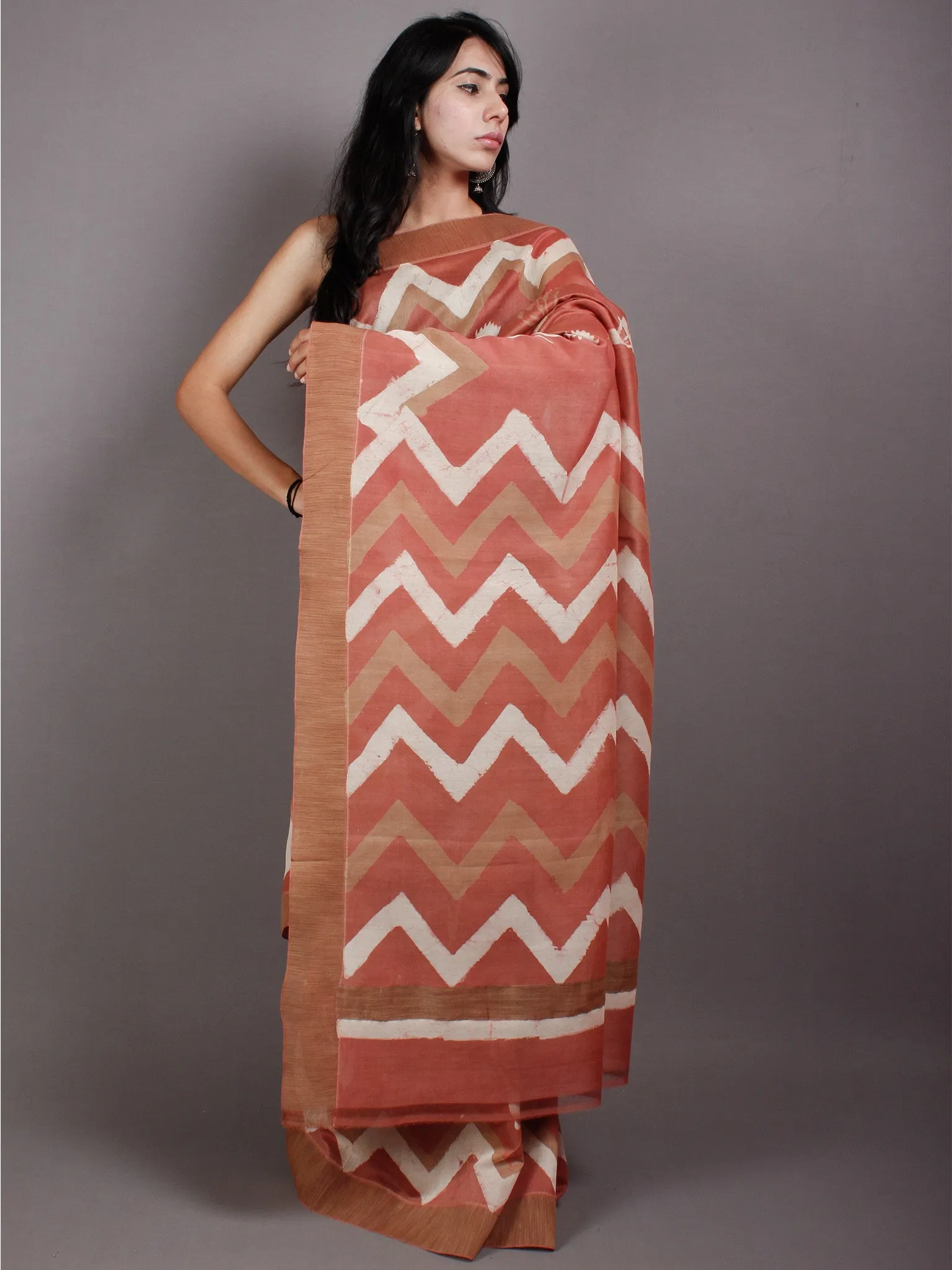 Pastel Peach Beige White Hand Block Printed in Natural Vegetable Colors Chanderi Saree With Geecha Border - S03170515