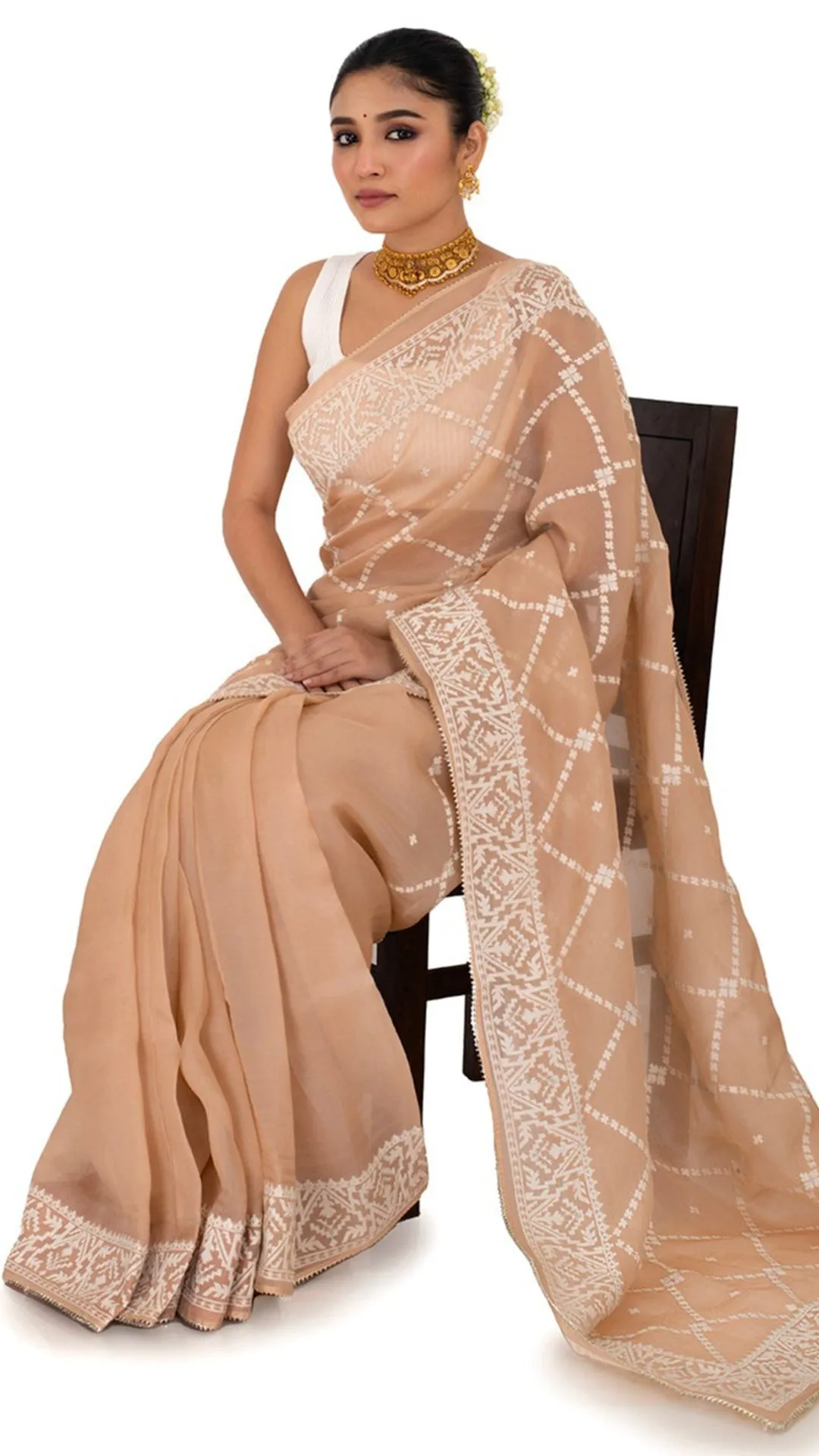 Pastel Peach Organza Saree with Thread work