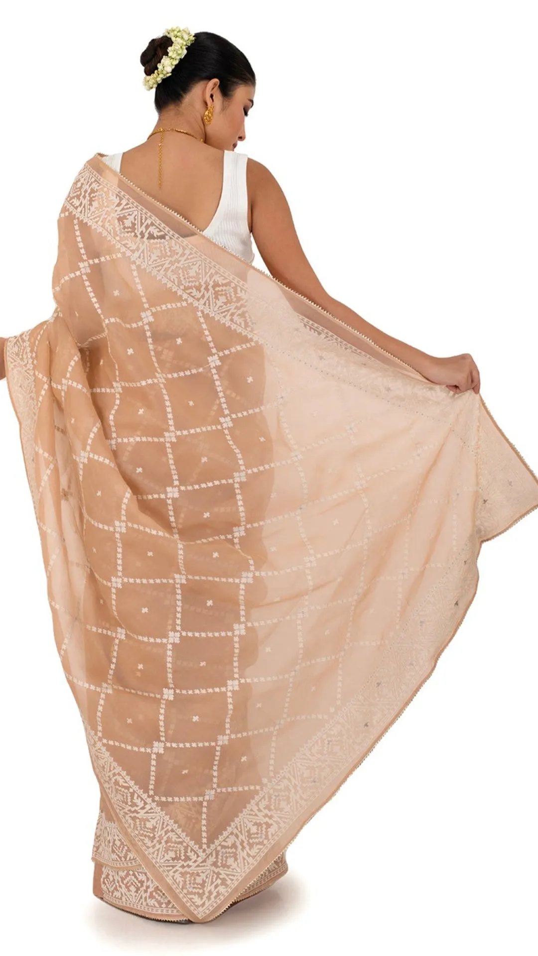 Pastel Peach Organza Saree with Thread work