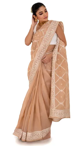 Pastel Peach Organza Saree with Thread work