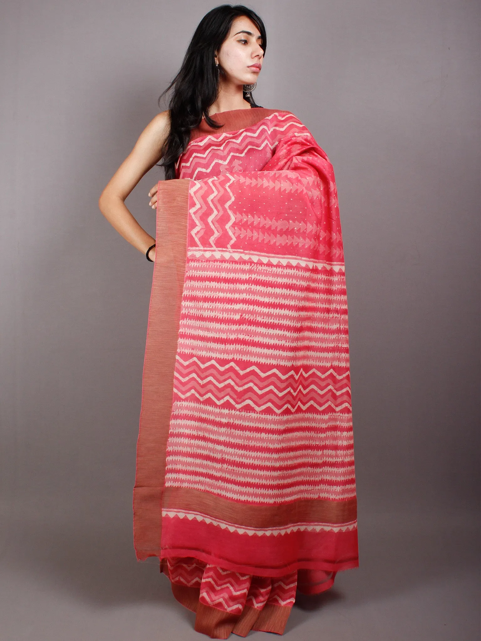 Pastel Pink Beige Hand Block Printed in Natural Vegetable Colors Chanderi Saree With Geecha Border - S03170507