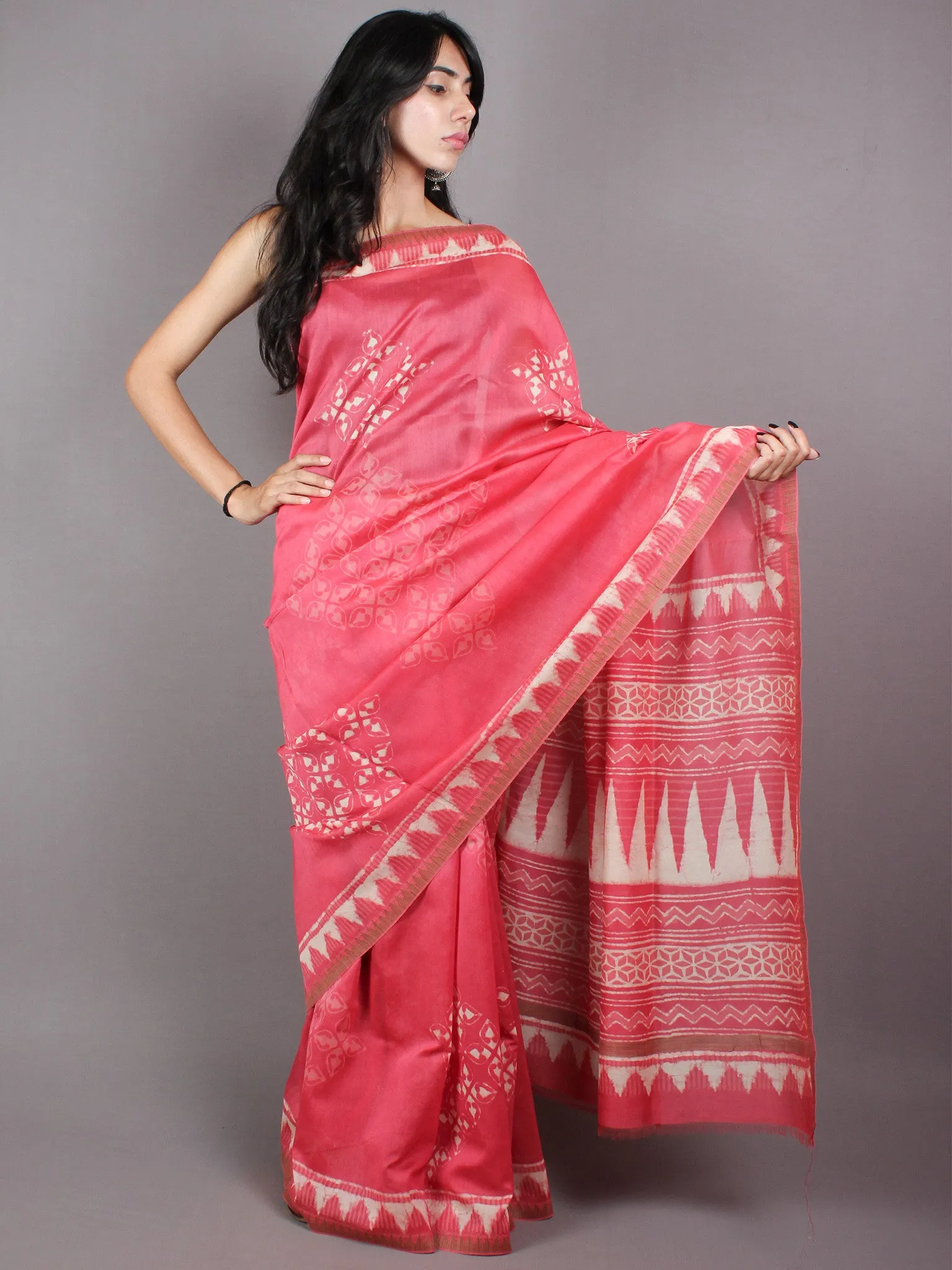 Pastel Pink Beige White Hand Block Printed in Natural Vegetable Colors Chanderi Saree With Geecha Border - S03170386