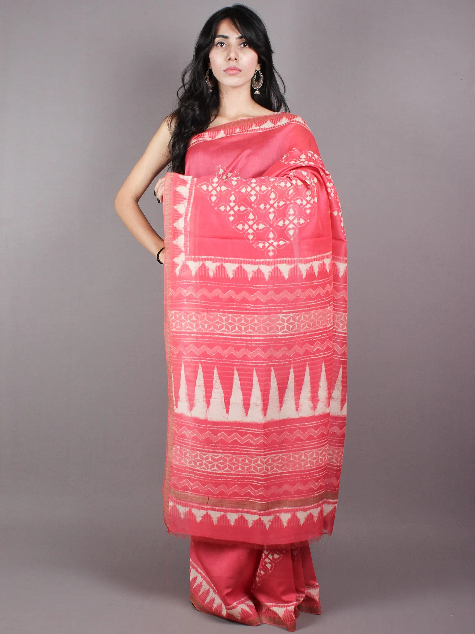 Pastel Pink Beige White Hand Block Printed in Natural Vegetable Colors Chanderi Saree With Geecha Border - S03170386