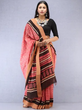 Pastel Pink Ivory Black Hand Block Printed Chanderi Saree With Geecha Border - S031704526