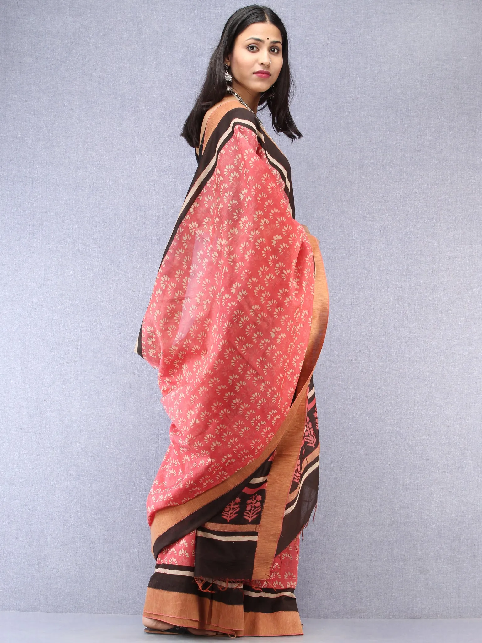 Pastel Pink Ivory Black Hand Block Printed Chanderi Saree With Geecha Border - S031704526