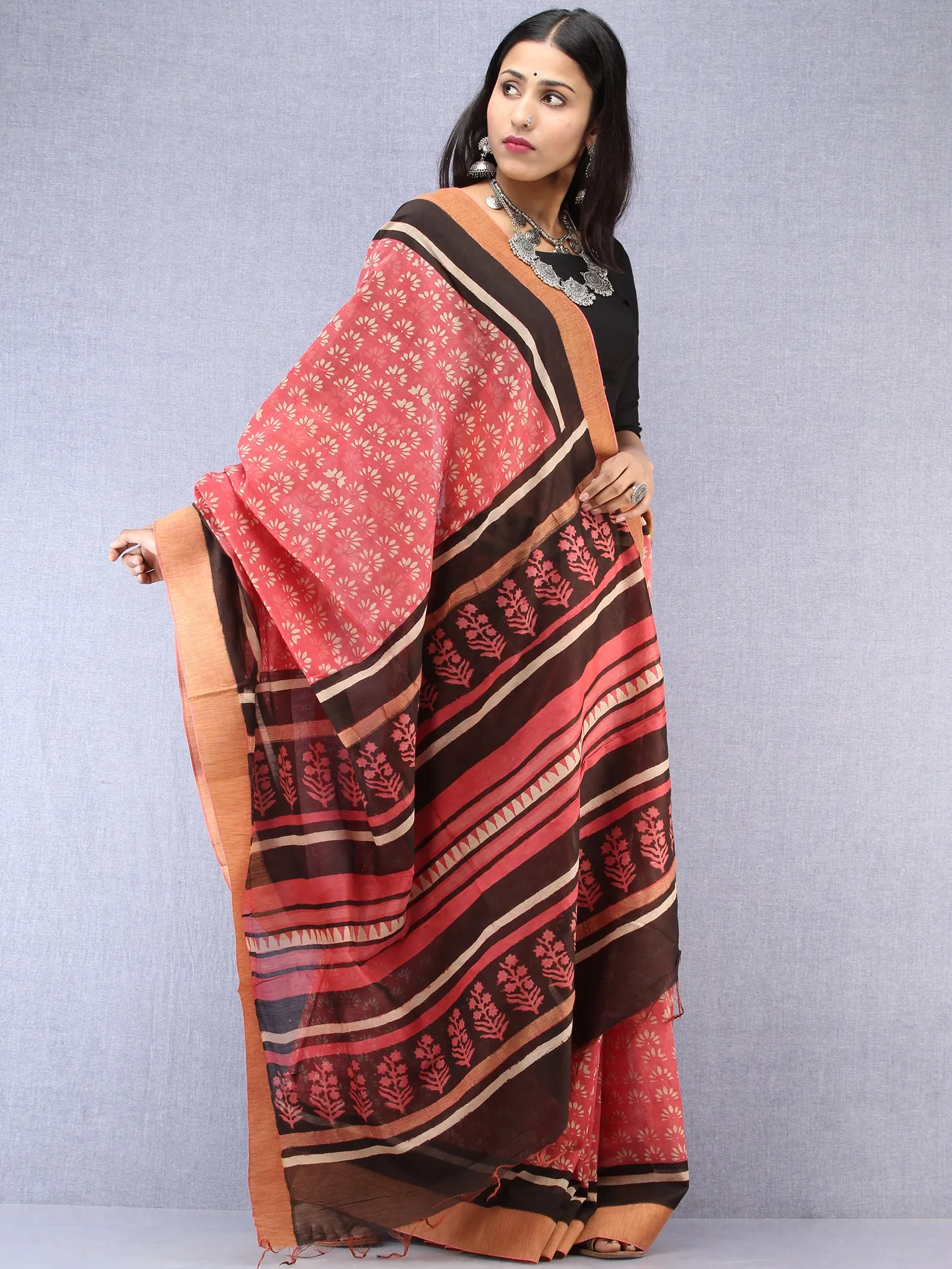 Pastel Pink Ivory Black Hand Block Printed Chanderi Saree With Geecha Border - S031704526