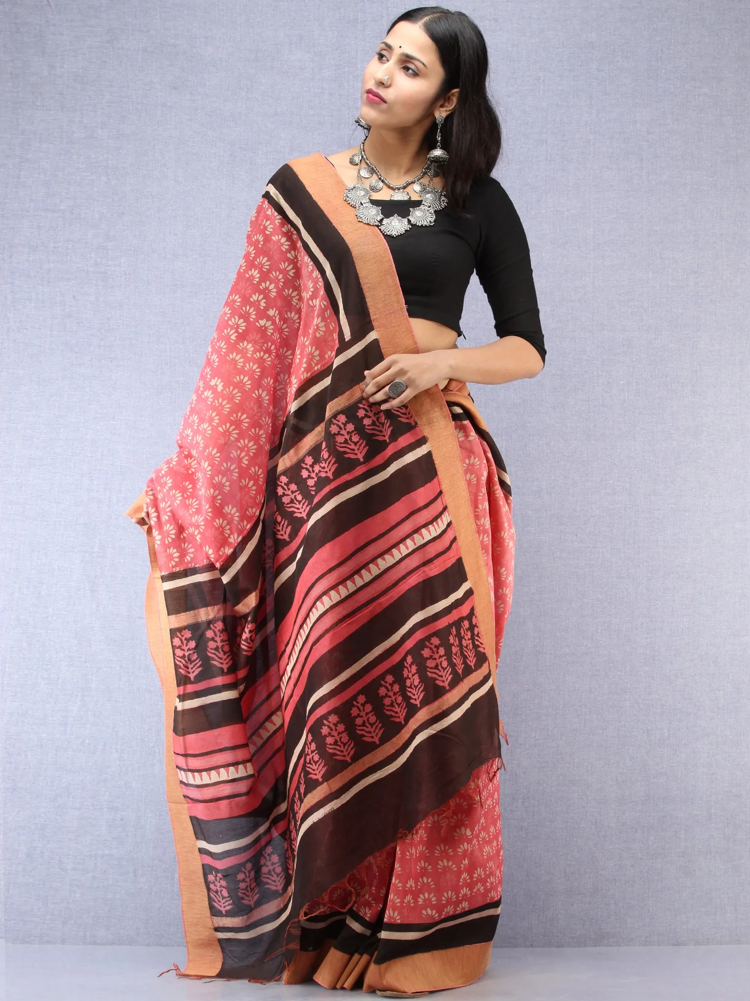 Pastel Pink Ivory Black Hand Block Printed Chanderi Saree With Geecha Border - S031704526