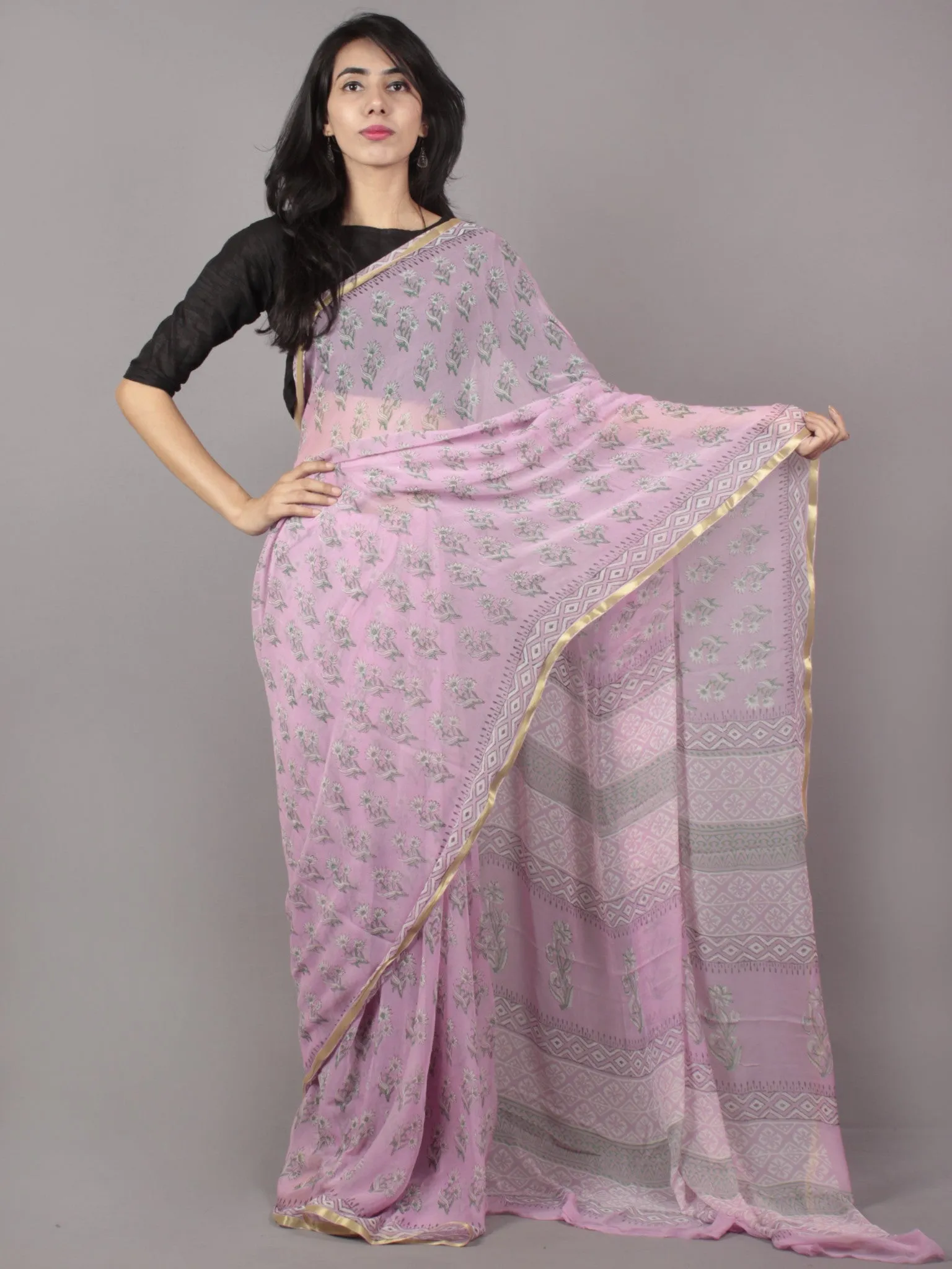 Pastel Pink Ivory Green Hand Block Printed Chiffon Saree - S031701676